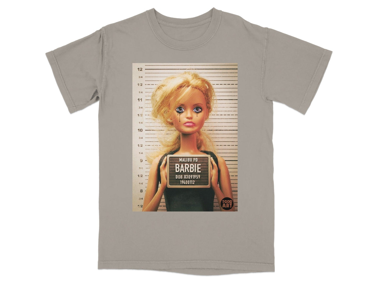 Barbie mugshot with "Malibu PD Barbie" and DOB text.