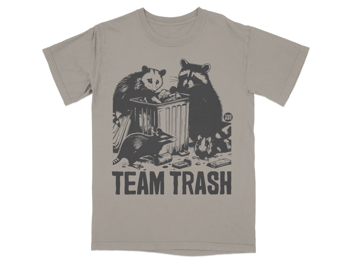 Team Trash graphic with raccoons and opossum at a trash can.