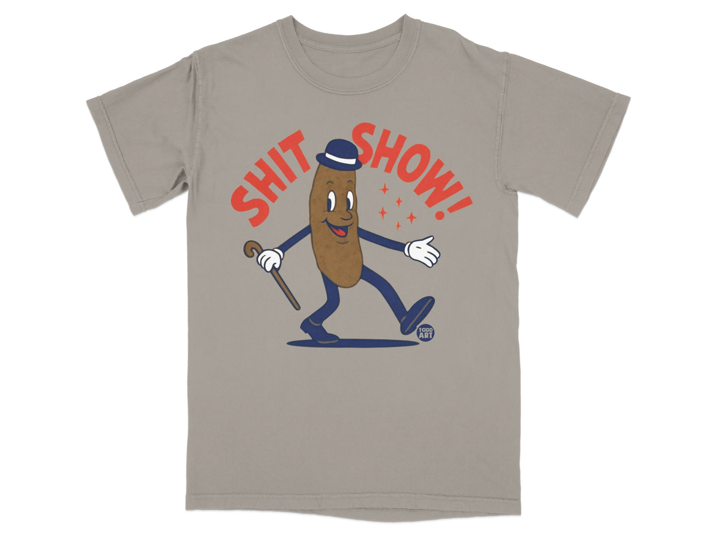 Cartoon potato character with hat and cane, "Shit Show!" text.