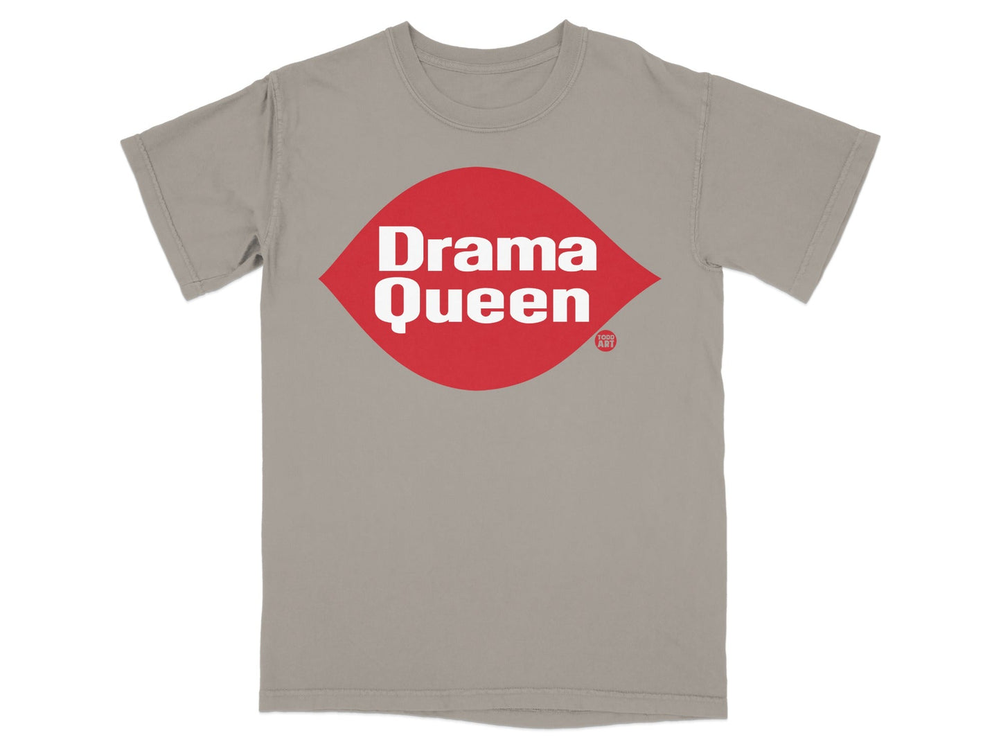 Grey t-shirt with red lipstick-shaped graphic that reads "Drama Queen".