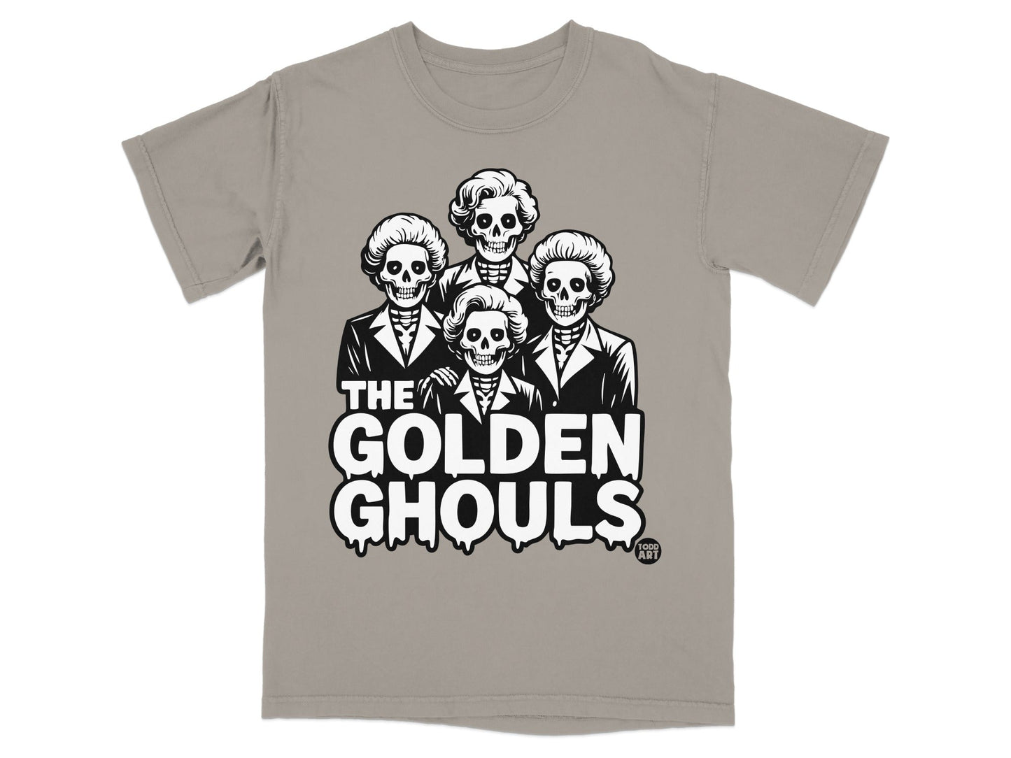 The Golden Ghouls graphic tee features four skeletons in formal wear.