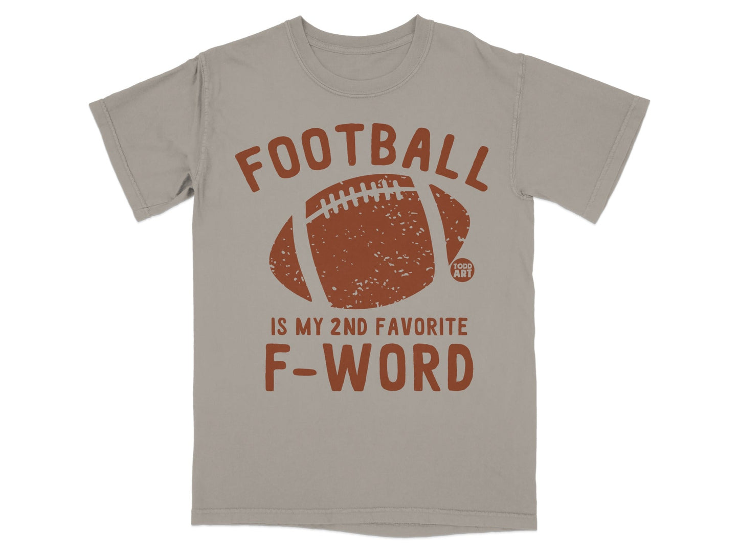 Gray t-shirt with distressed football graphic and text "FOOTBALL IS MY 2ND FAVORITE F-WORD".