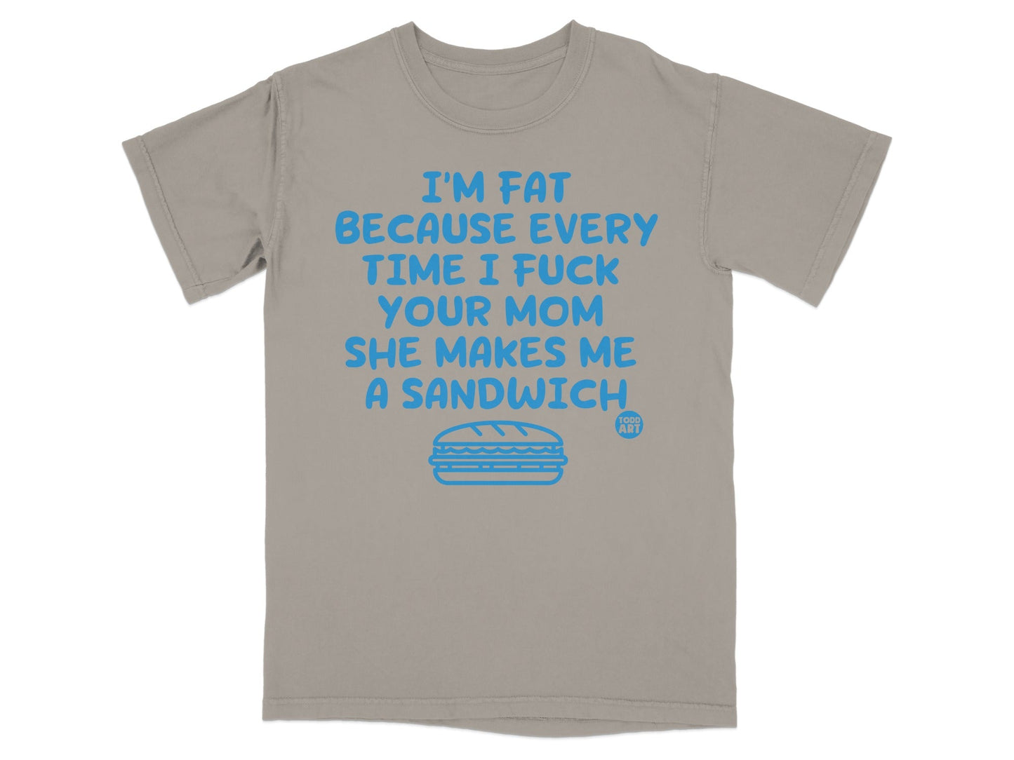 T-shirt with blue text and a sandwich graphic.