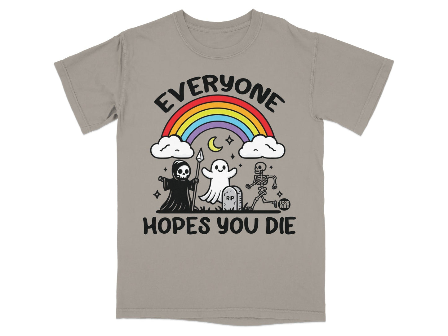 Grey t-shirt with cartoon ghosts, skeleton, and rainbow, "EVERYONE HOPES YOU DIE" text.