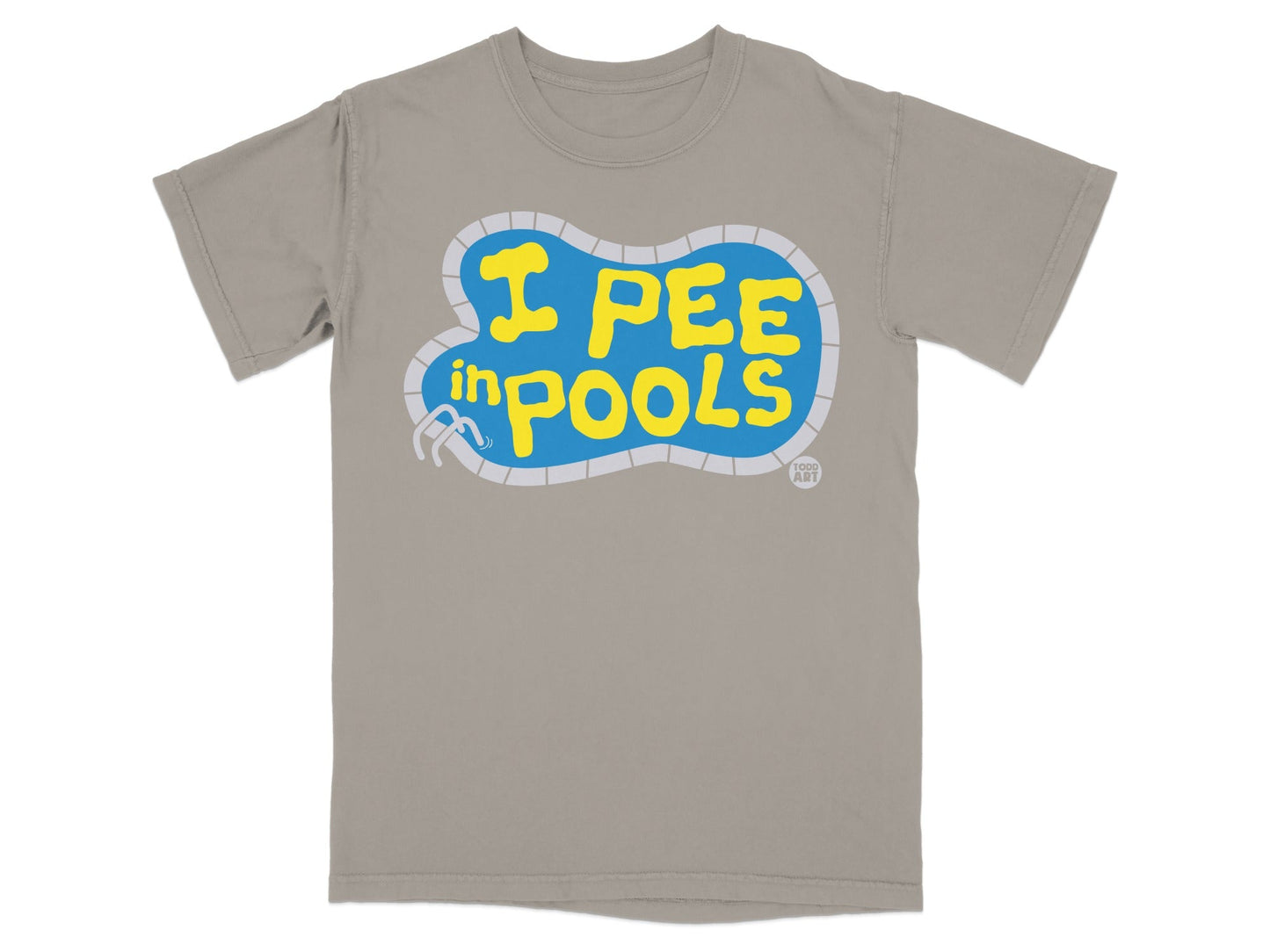 Tan t-shirt with blue pool graphic and yellow text "I pee in pools."