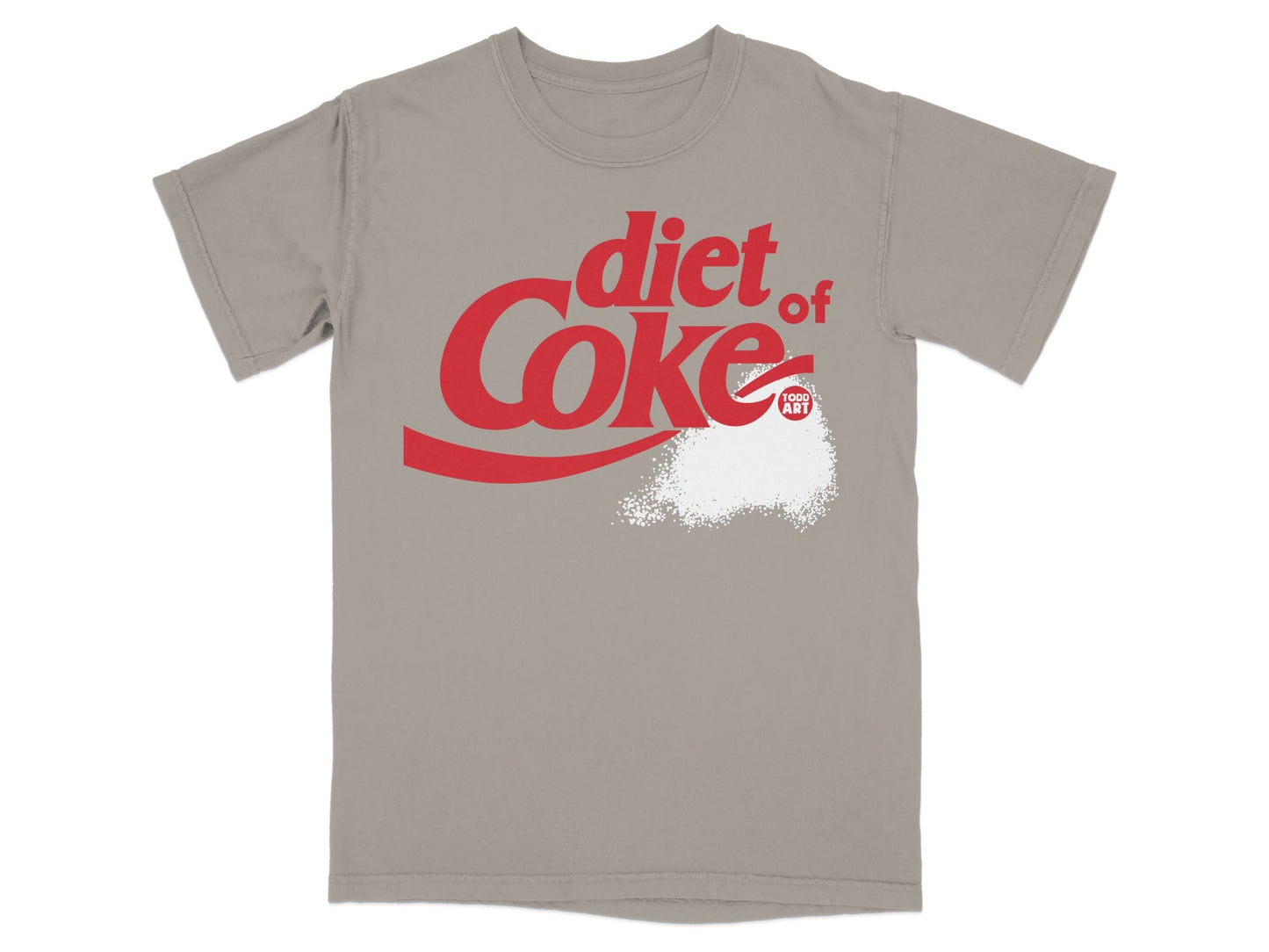 Grey t-shirt with red Diet Coke logo and spilled sugar.