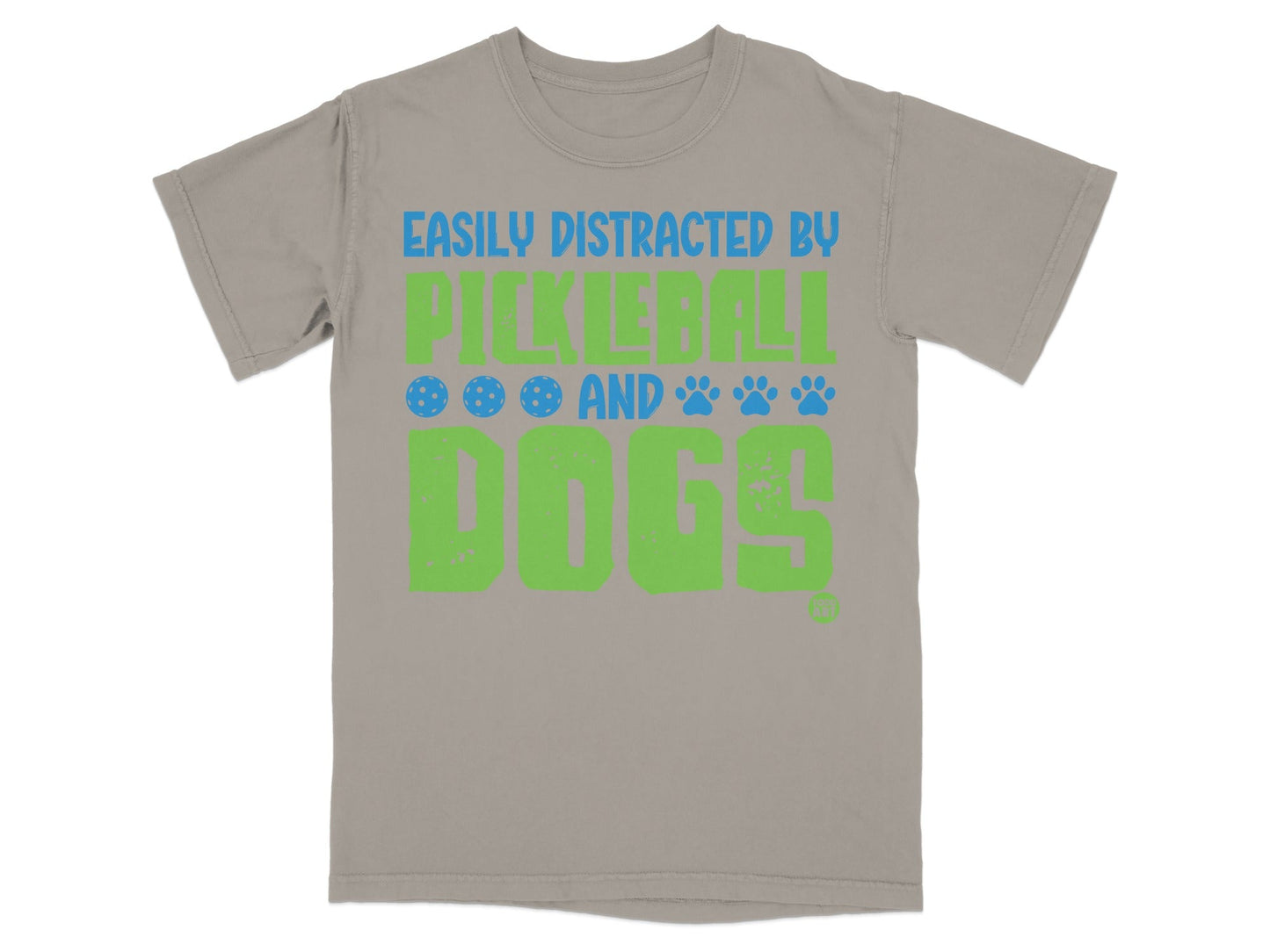 Gray t-shirt with "Easily Distracted By Pickleball And Dogs" text and graphics.