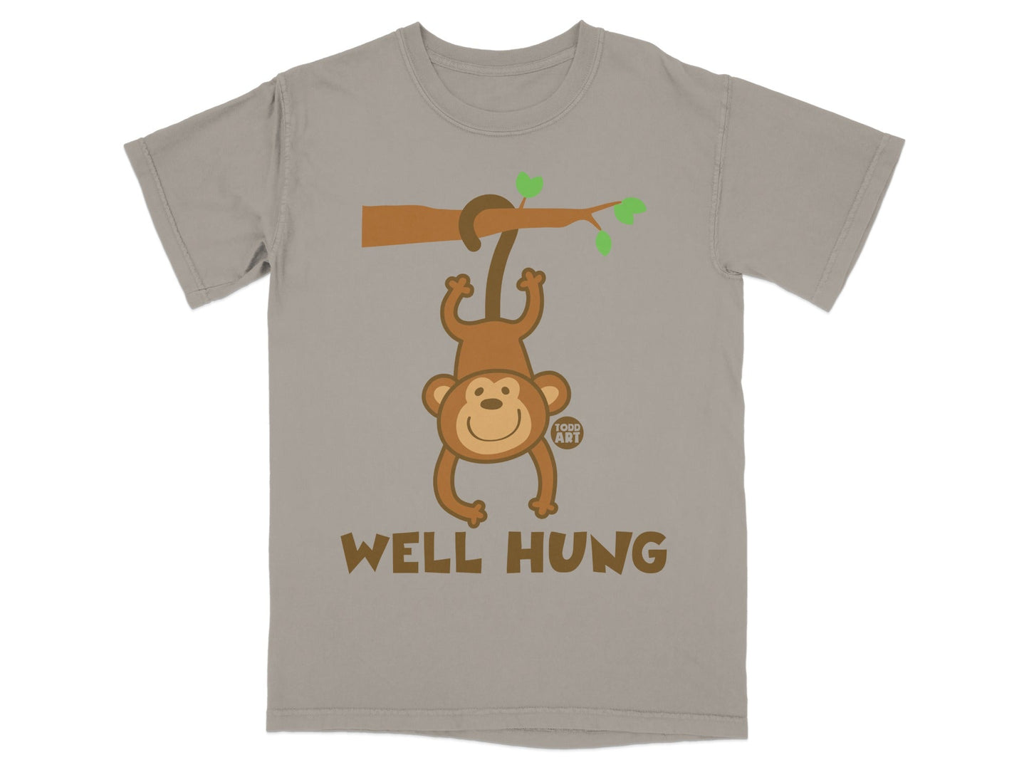 T-shirt with monkey hanging from a branch, text "WELL HUNG" and "TODD ART".