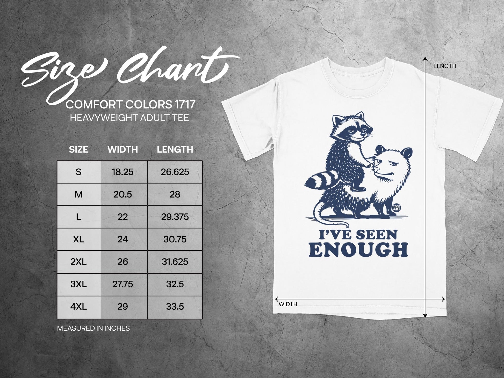 Size chart for Comfort Colors 1717 heavyweight adult tee with raccoon graphic.