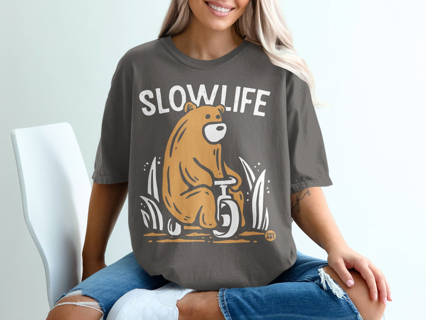 Slow Life Bear Riding Scooter Graphic T-shirt