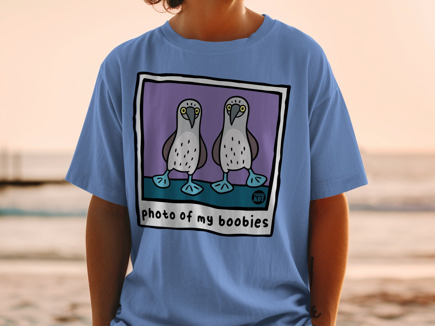 Blue t-shirt with cartoon blue-footed boobies and text "photo of my boobies".