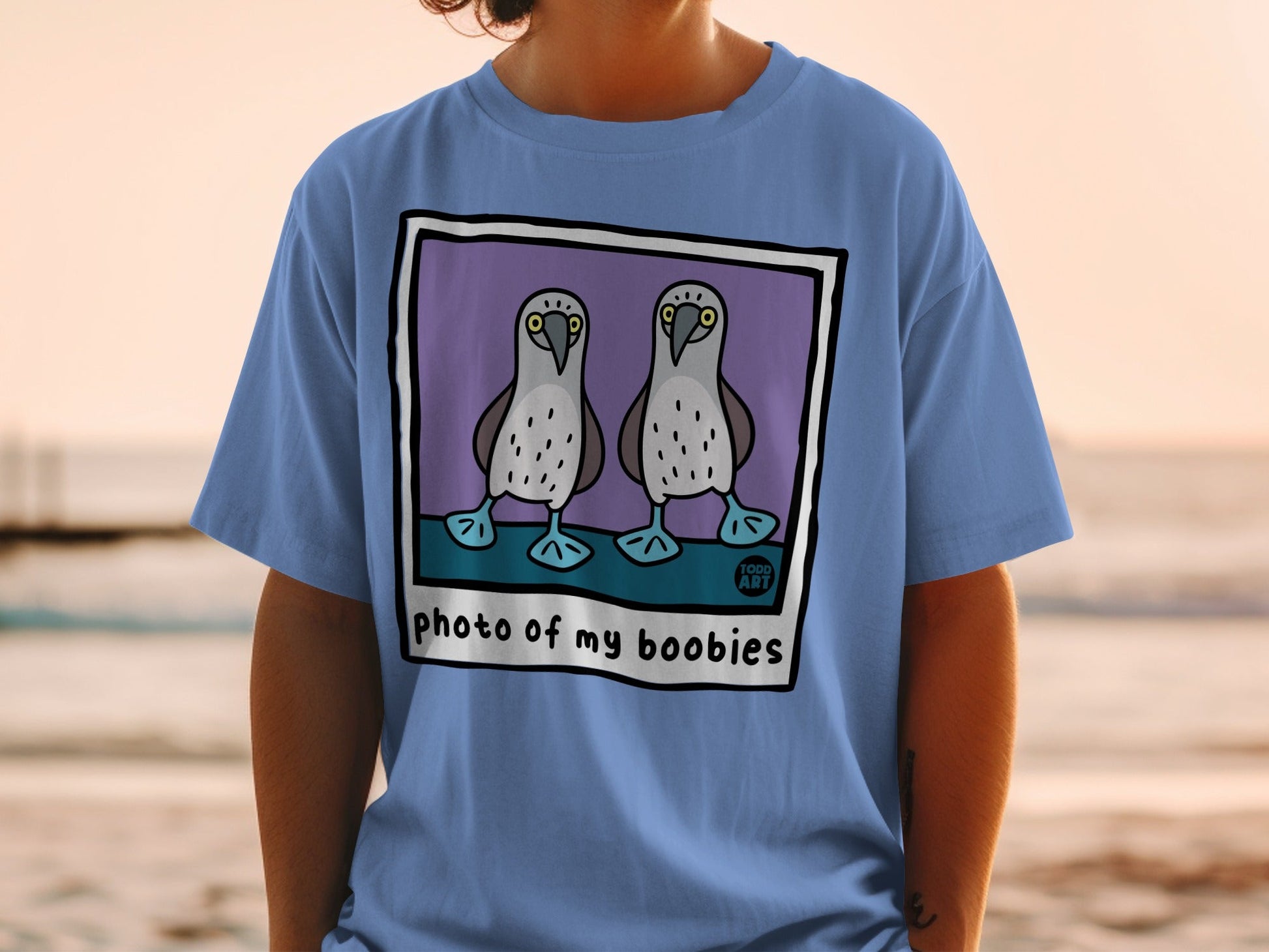 Blue t-shirt with cartoon blue-footed boobies and text "photo of my boobies".