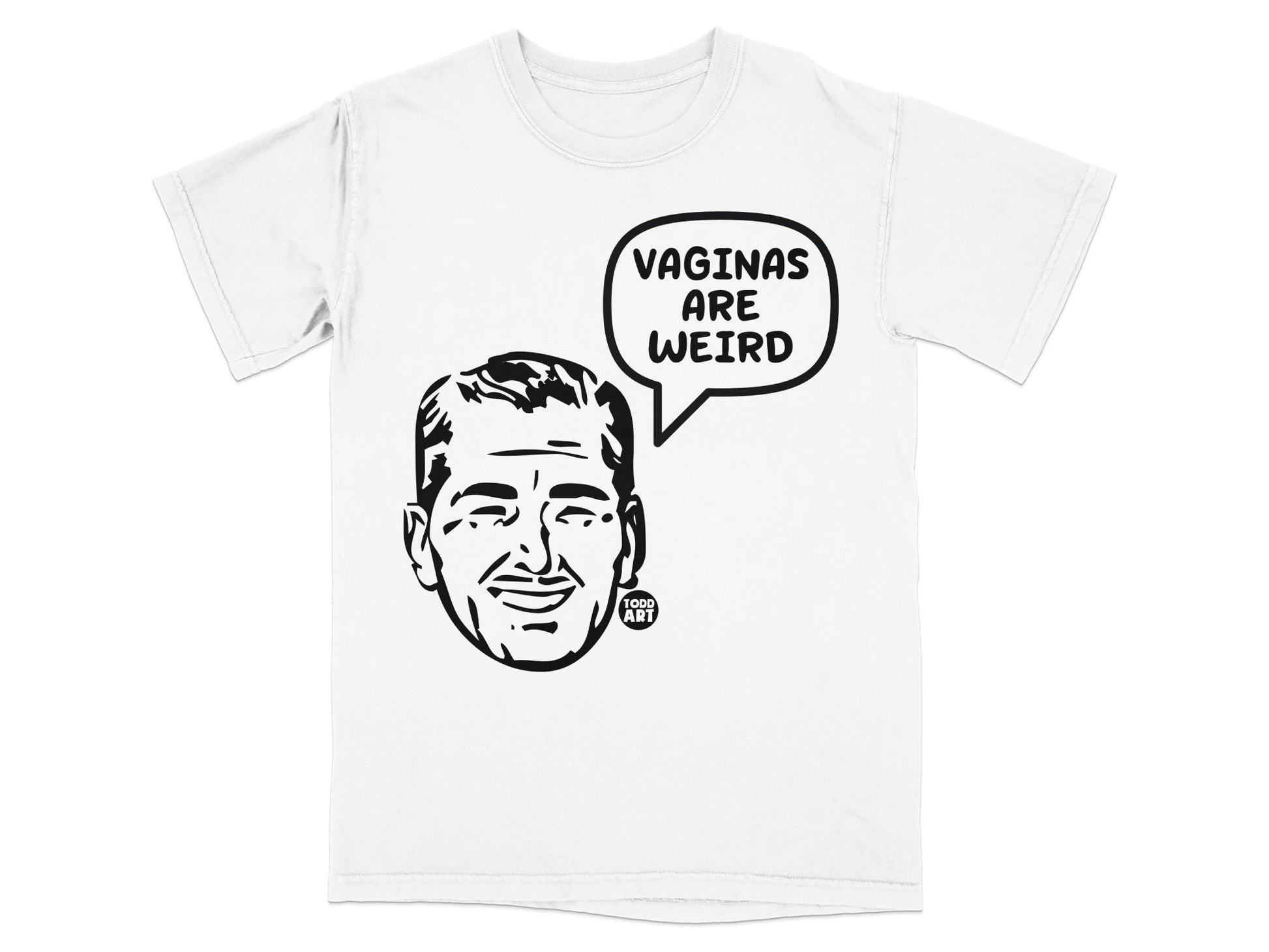 T-shirt with black and white illustration of a man's head and a speech bubble.