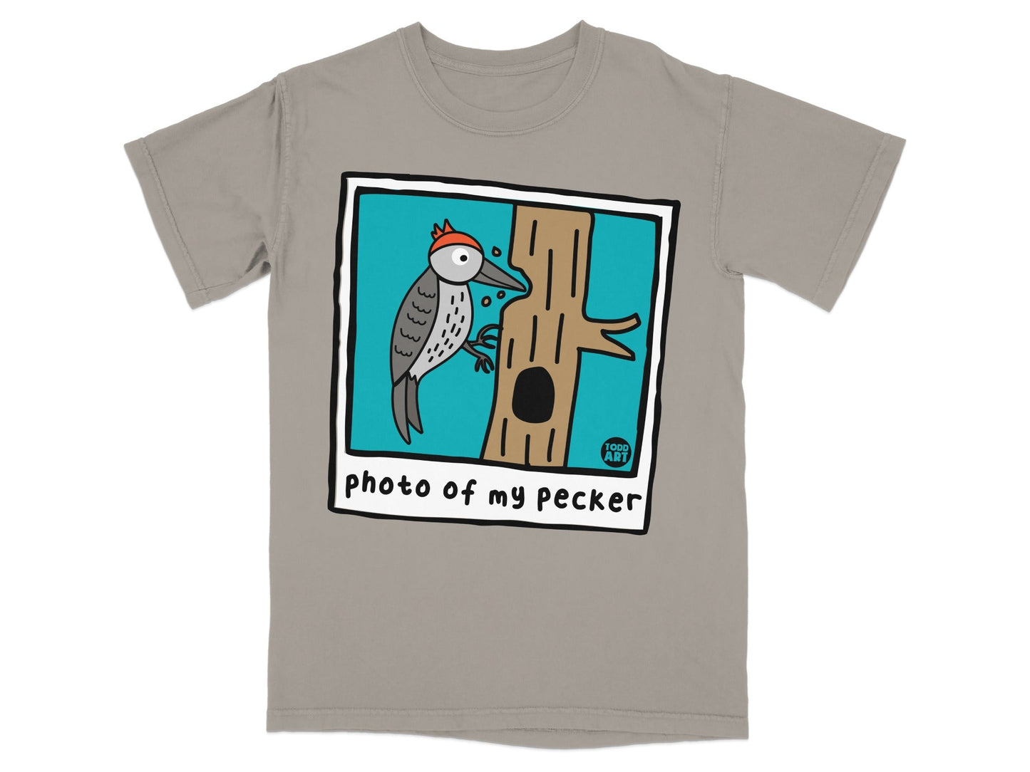 Woodpecker perched on a tree trunk with "photo of my pecker" text.