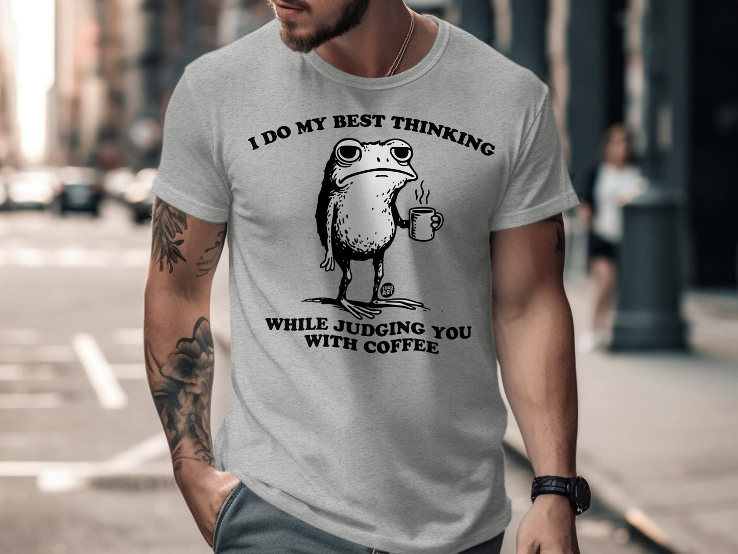 Coffee Loving Frog Thinking and Judging Graphic T-Shirt