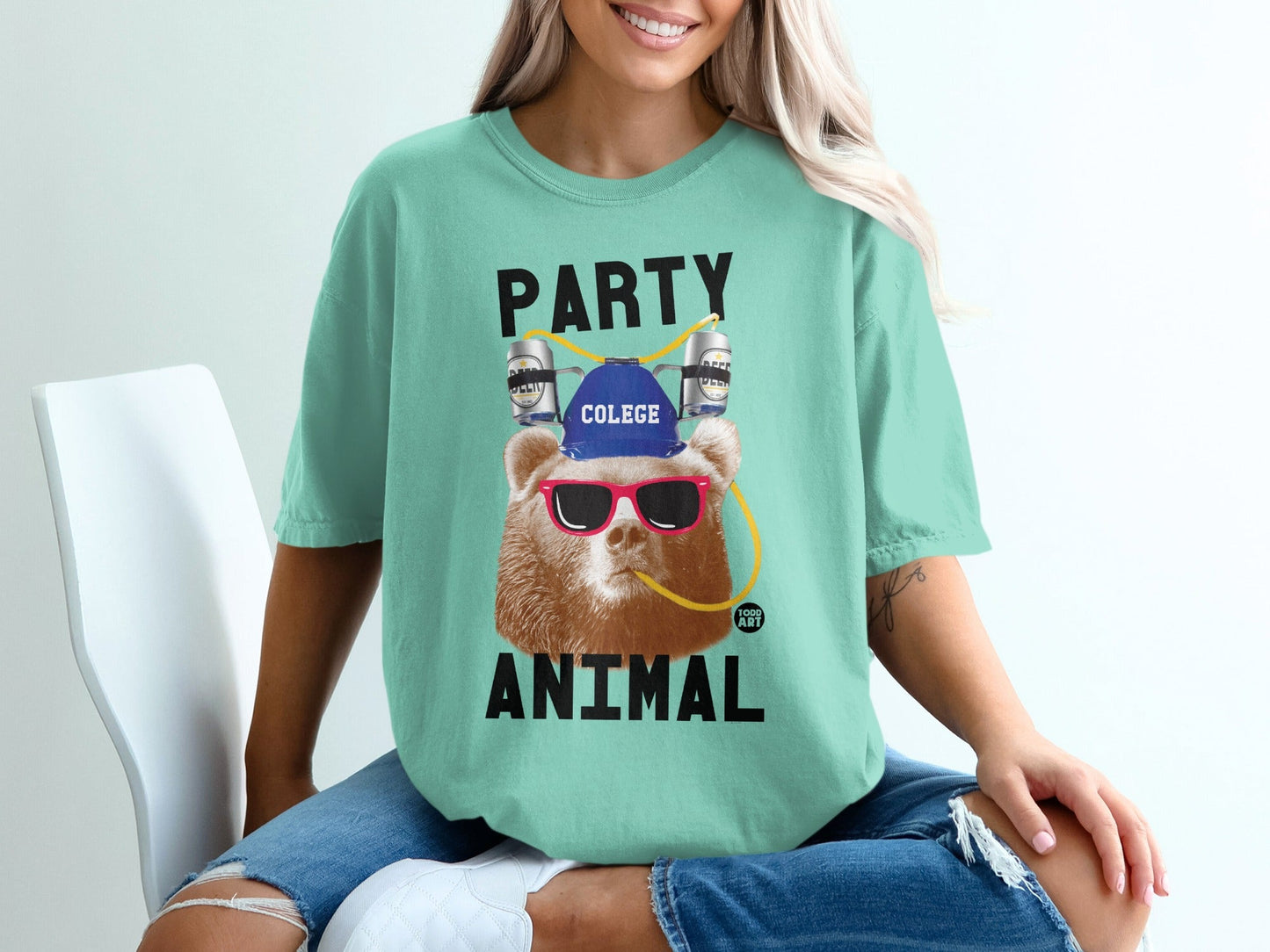 Party Animal College Bear Graphic Tee Detailed Design