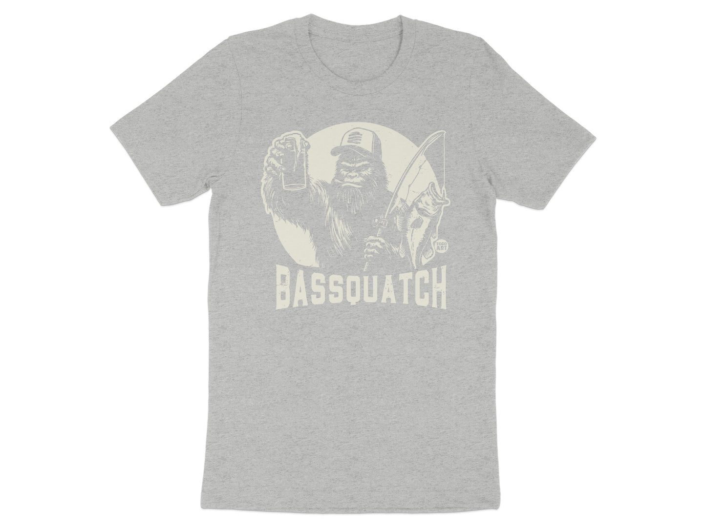 Bassquatch Graphic Grey T-Shirt Fun Fishing Design