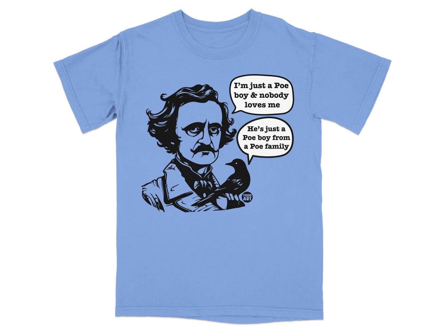 Edgar Allan Poe with a raven, speaking Poe-themed dialogue.