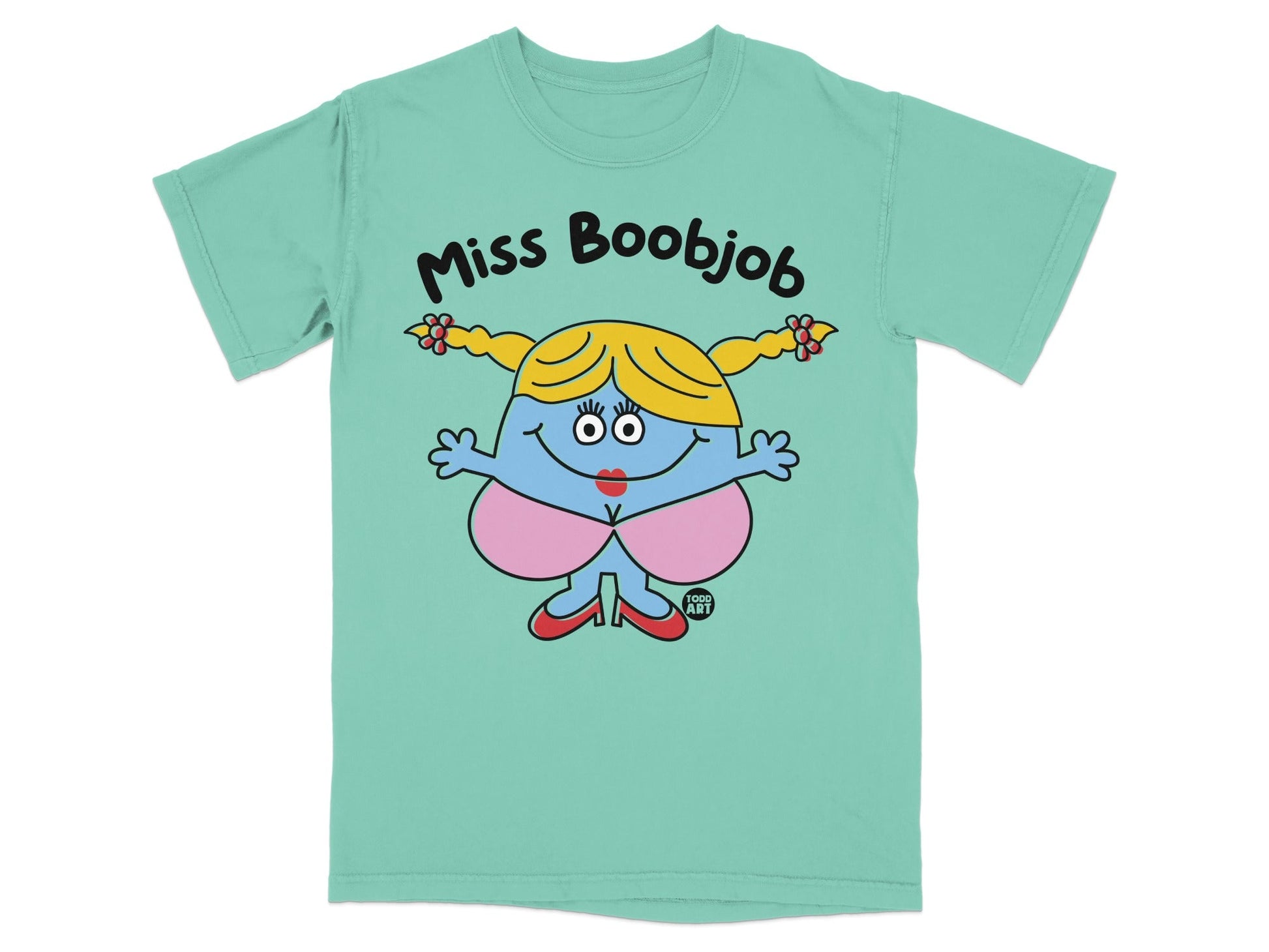 Miss Boobjob cartoon graphic tee with fun design