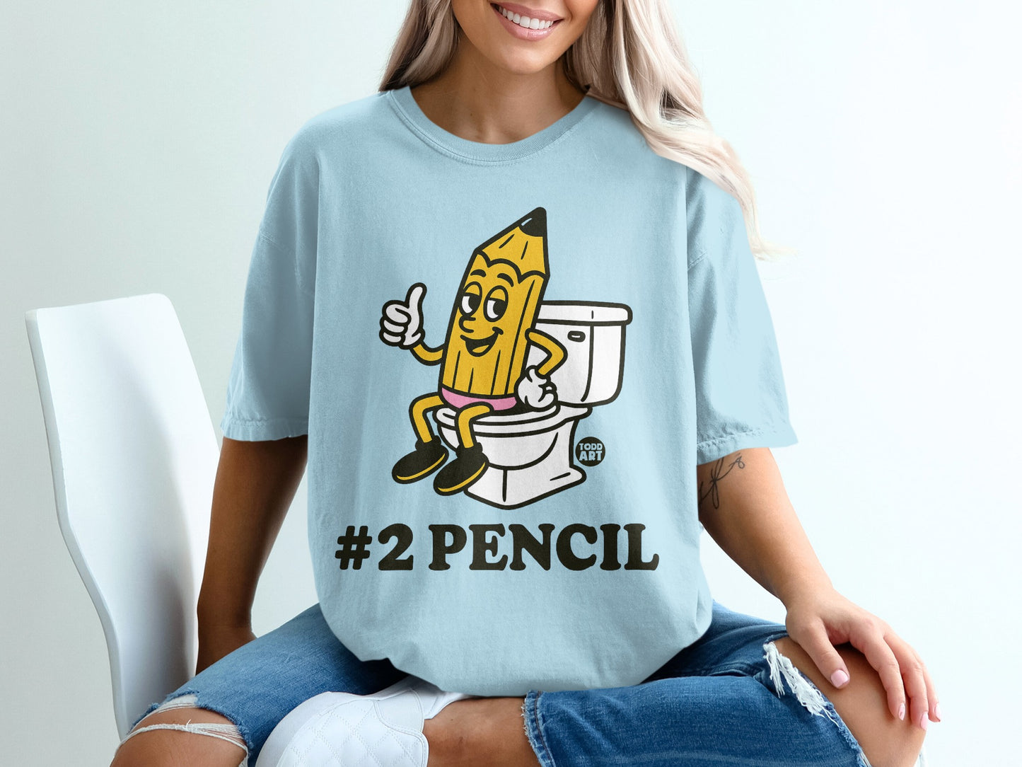 Cartoon #2 pencil giving a thumbs up while sitting on a toilet.