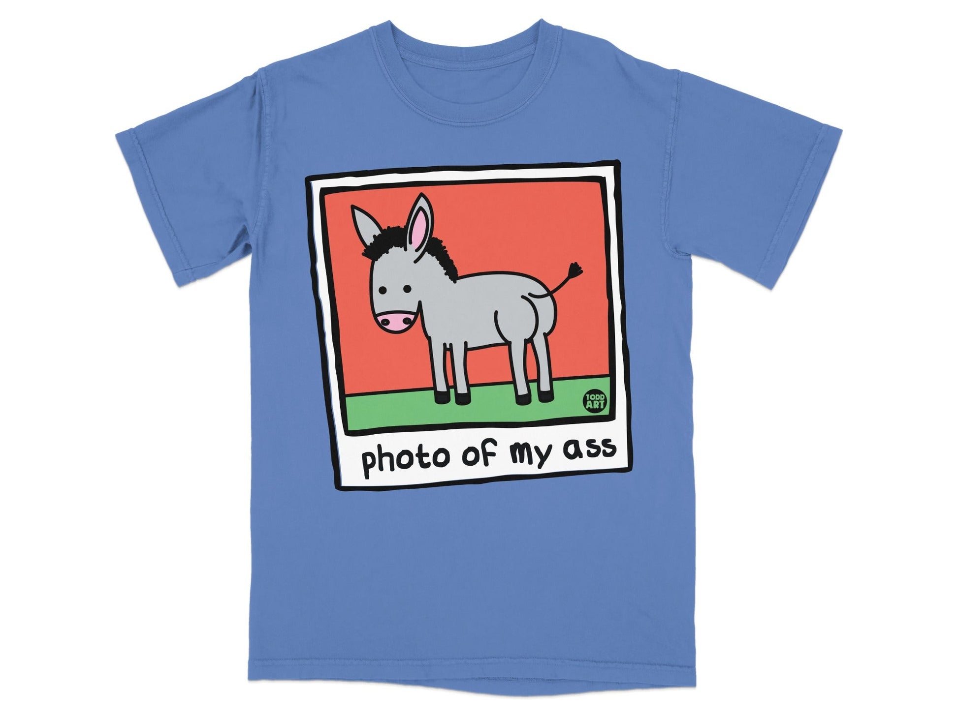 Blue t-shirt with a cartoon donkey and "photo of my ass" text.