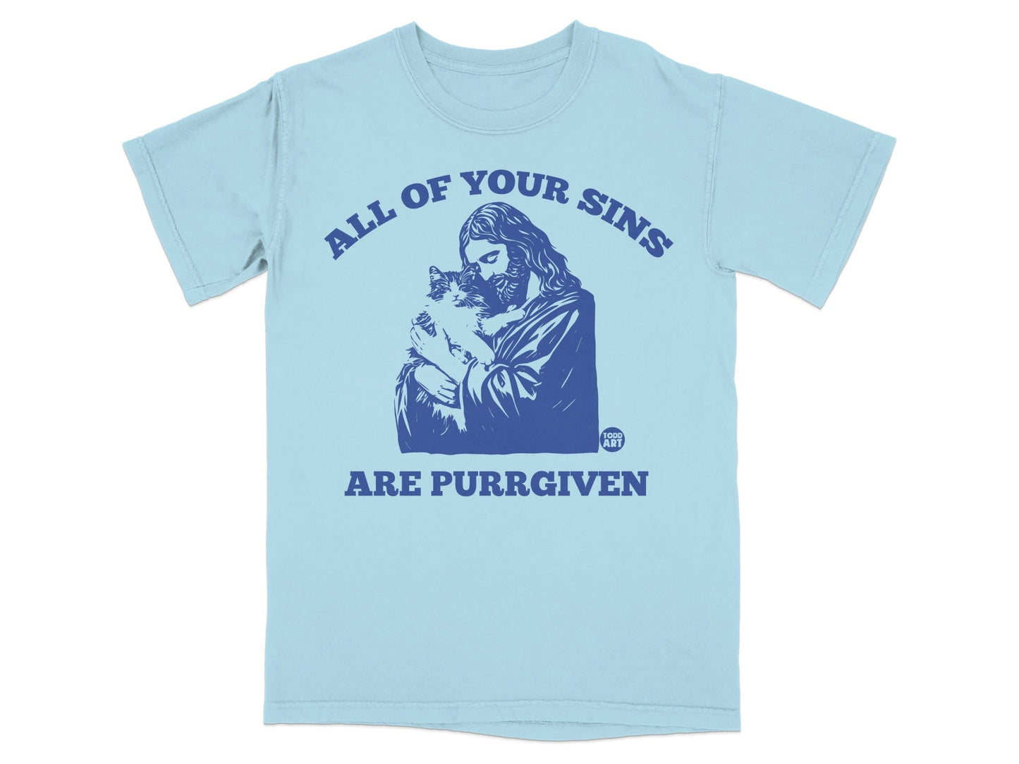 Light blue t-shirt with Jesus holding a cat and text "All of Your Sins Are Purr-given".