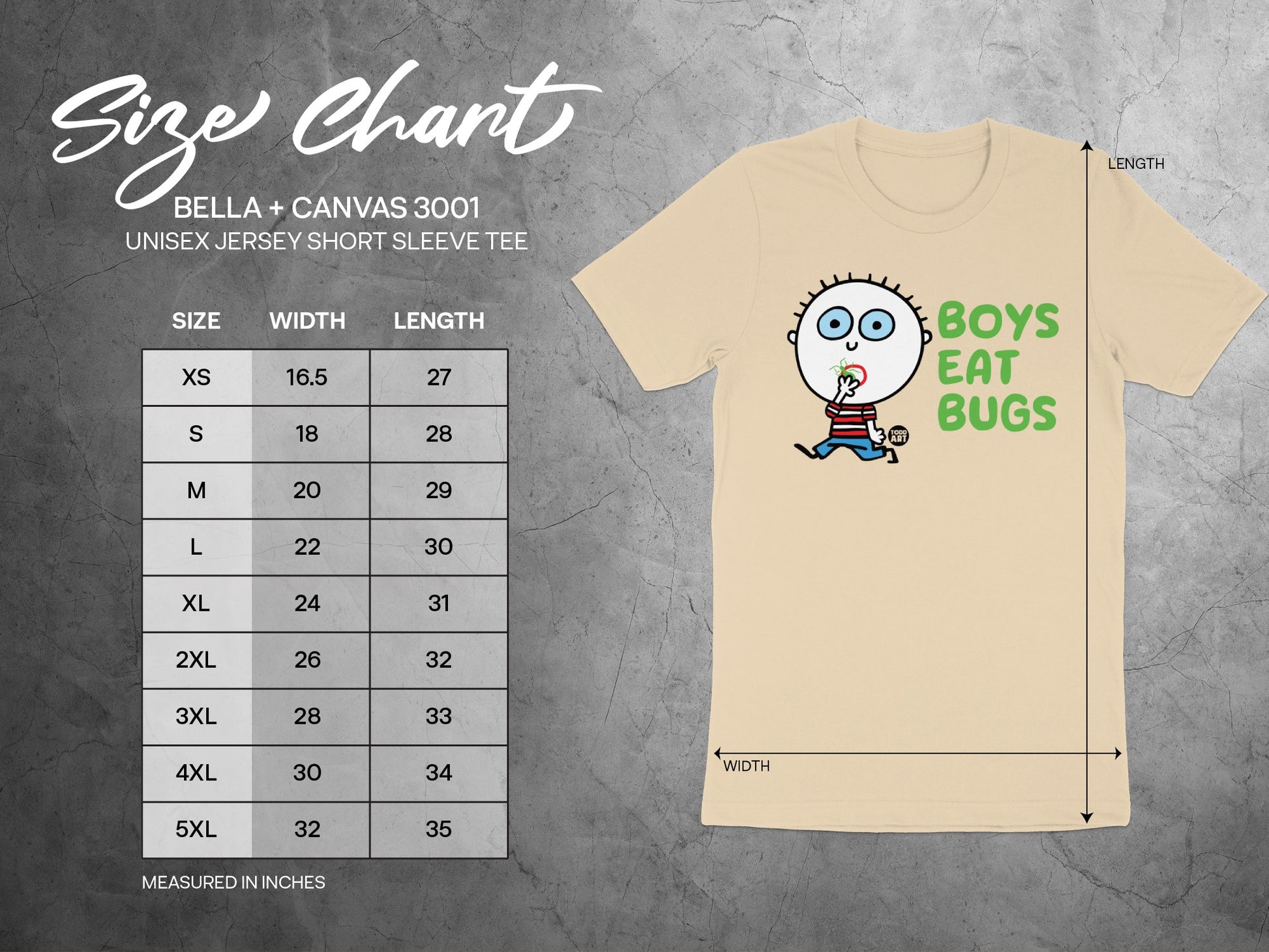 Funny Boys Eat Bugs Graphic T-Shirt Size Chart
