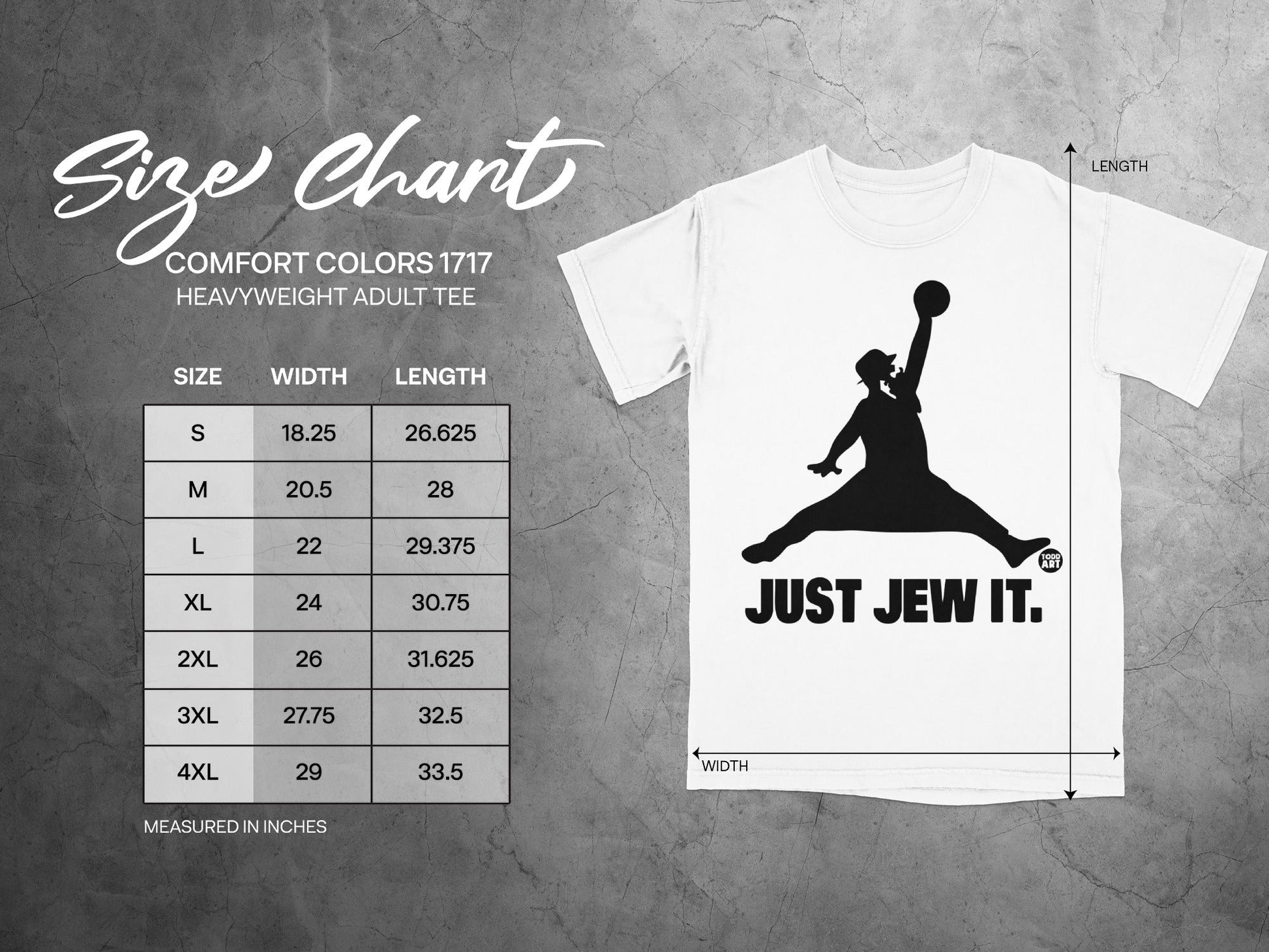 Comfort Colors 1717 size chart with measurements for heavyweight adult tees.