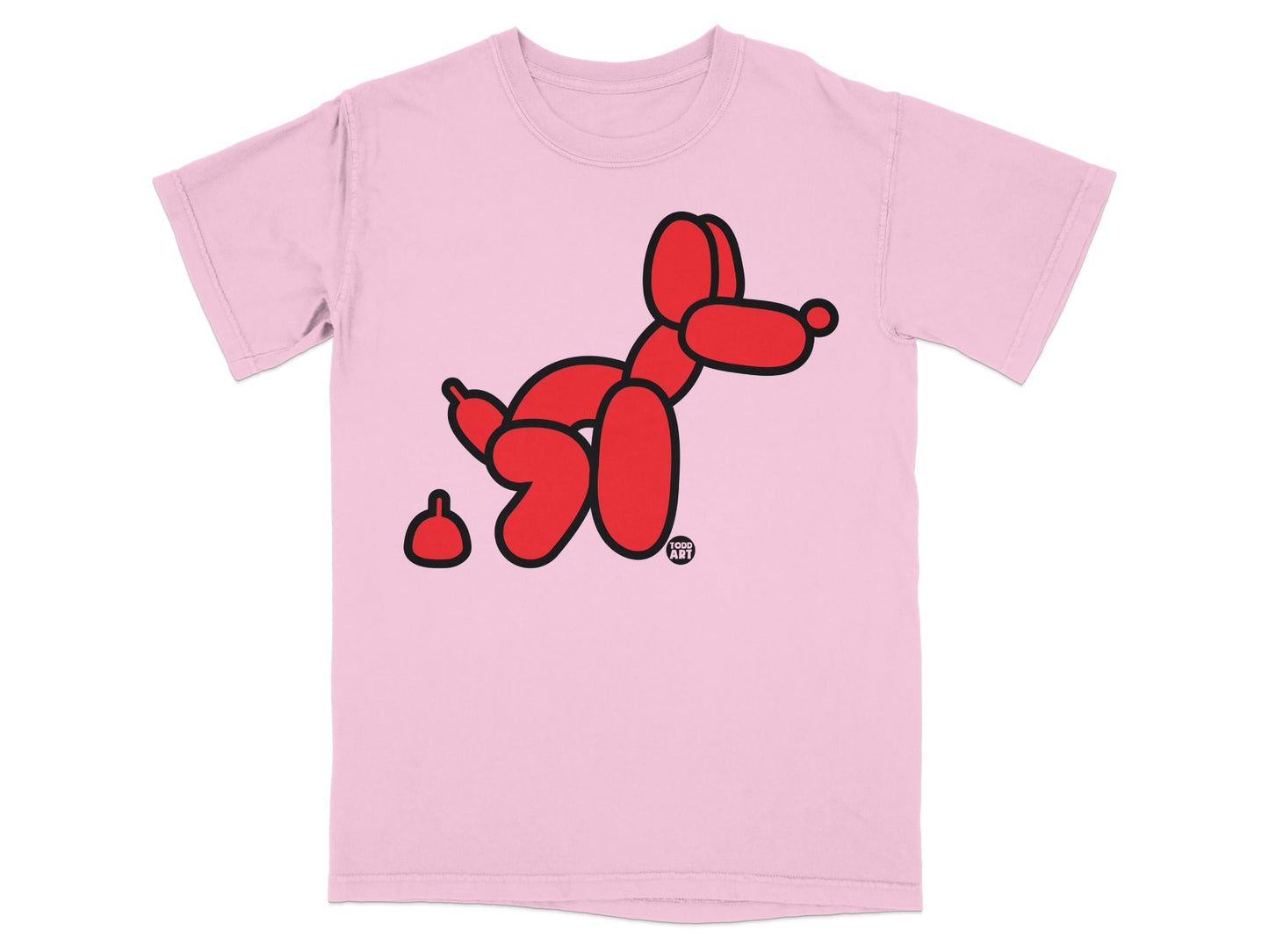 Pink t-shirt with a red balloon dog and poop graphic.