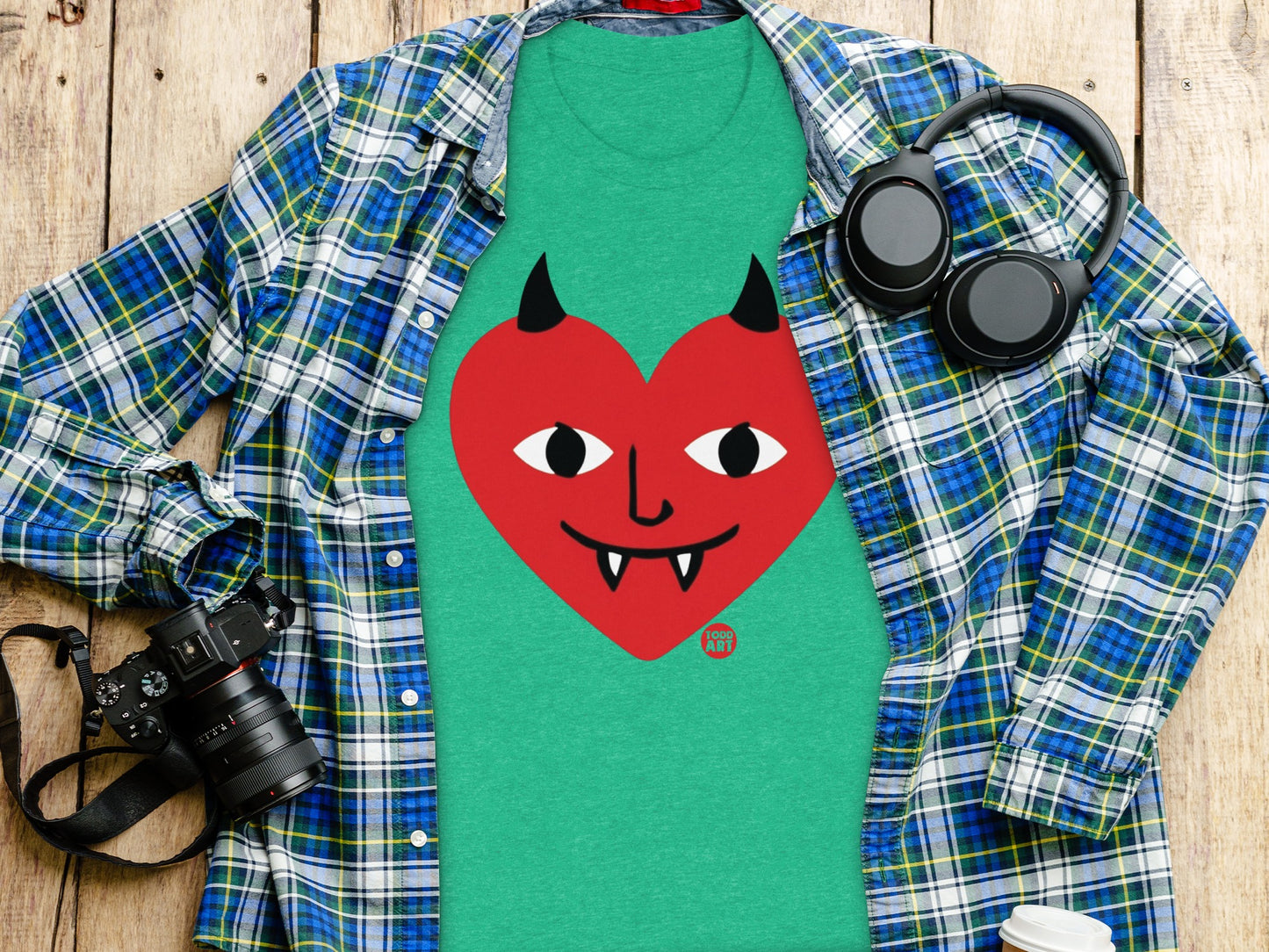 Green Shirt with Red Heart Devil Face Design T-shirt