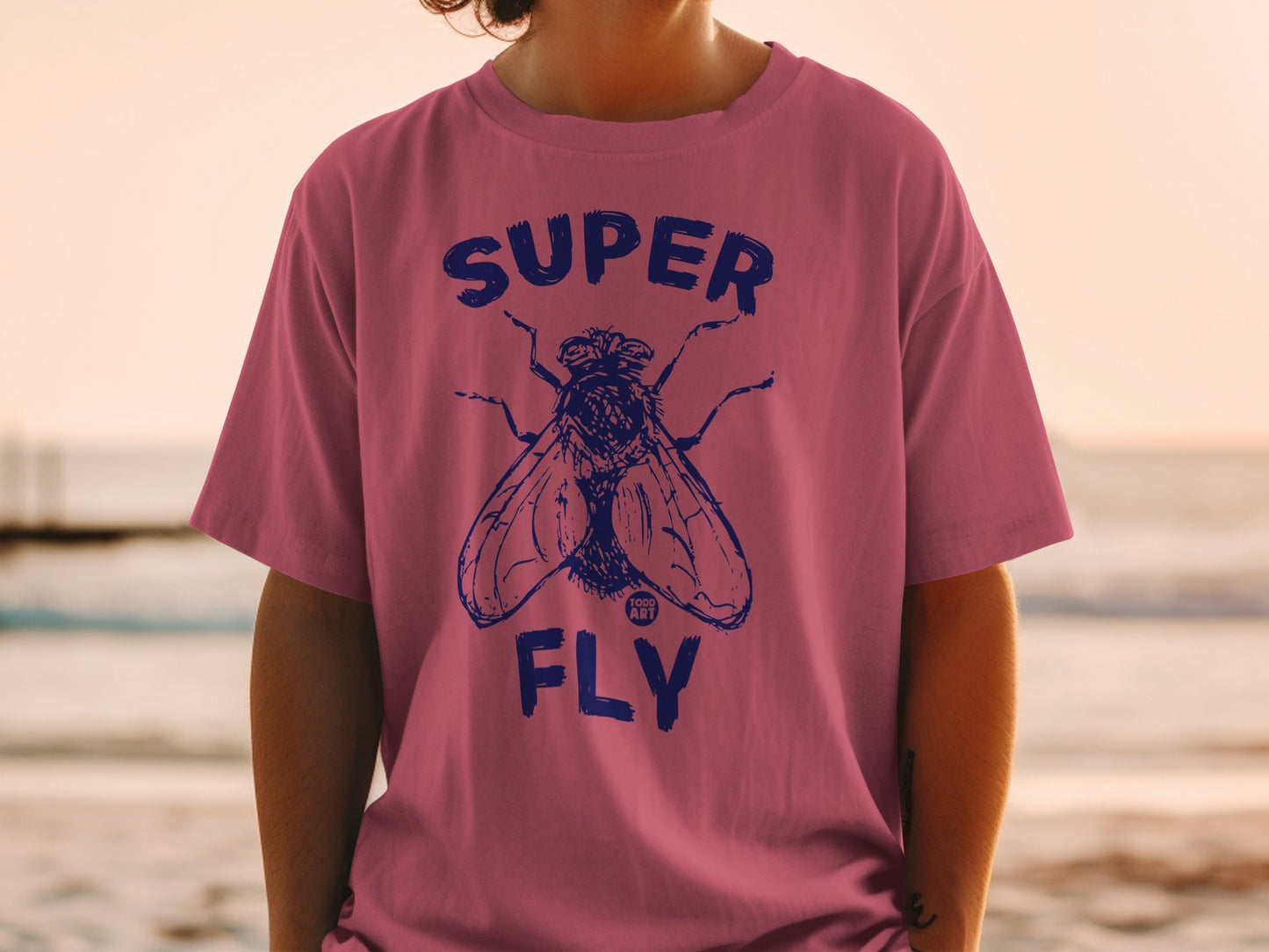 Super Fly Graphic Tee with Bold Blue Insect Design