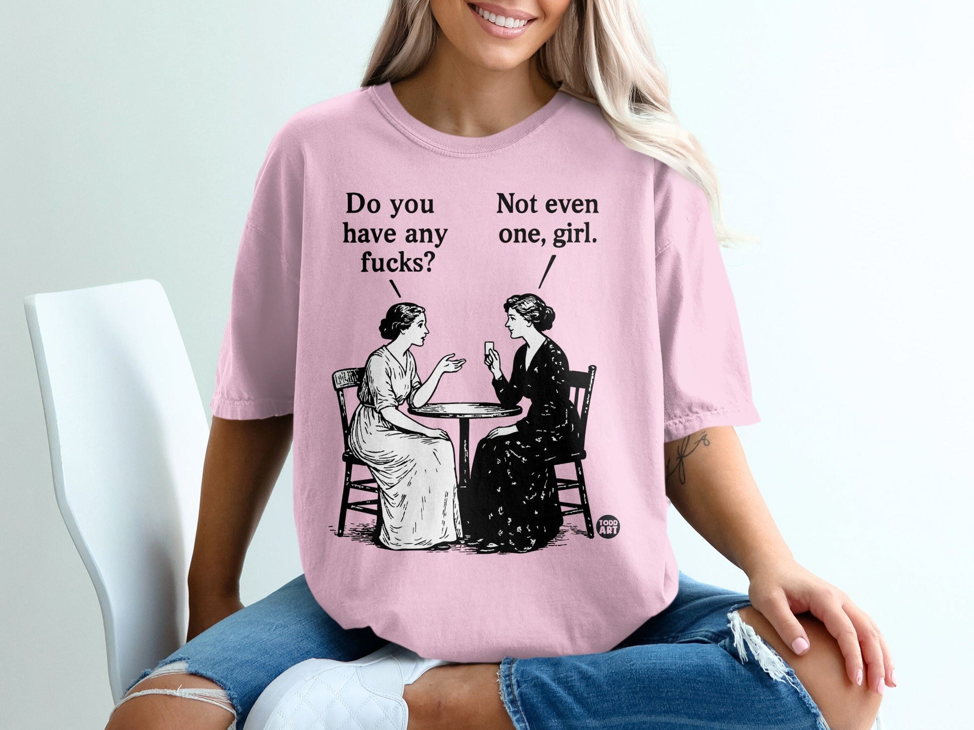 Illustration of two women talking with text: "Do you have any fucks?" "Not even one, girl."