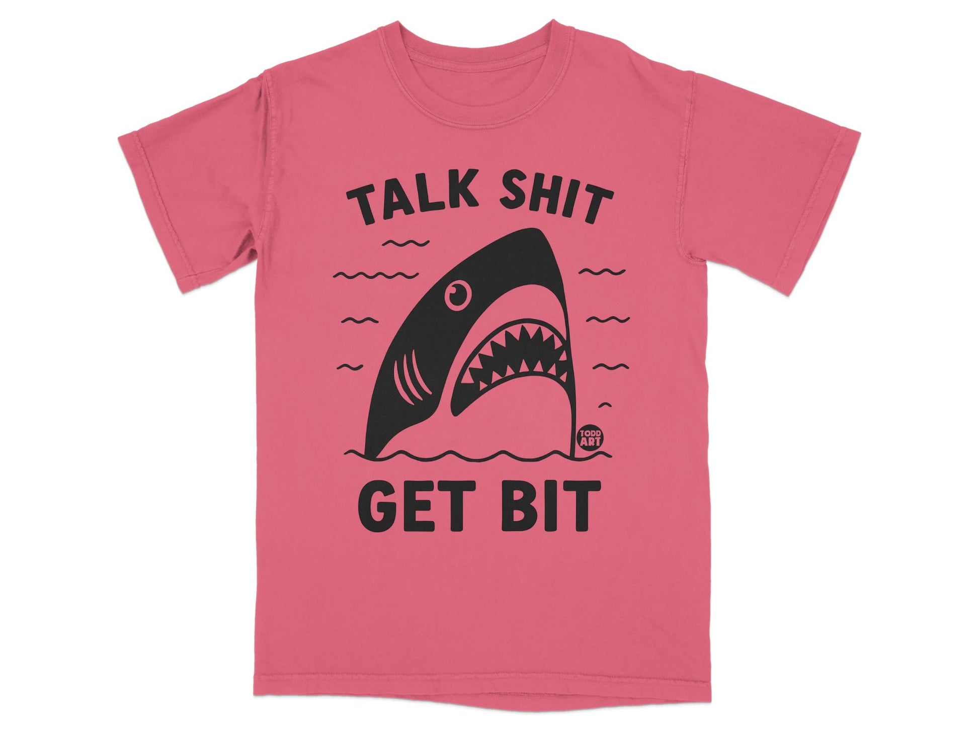 Pink t-shirt with a shark graphic and text "TALK SHIT GET BIT".