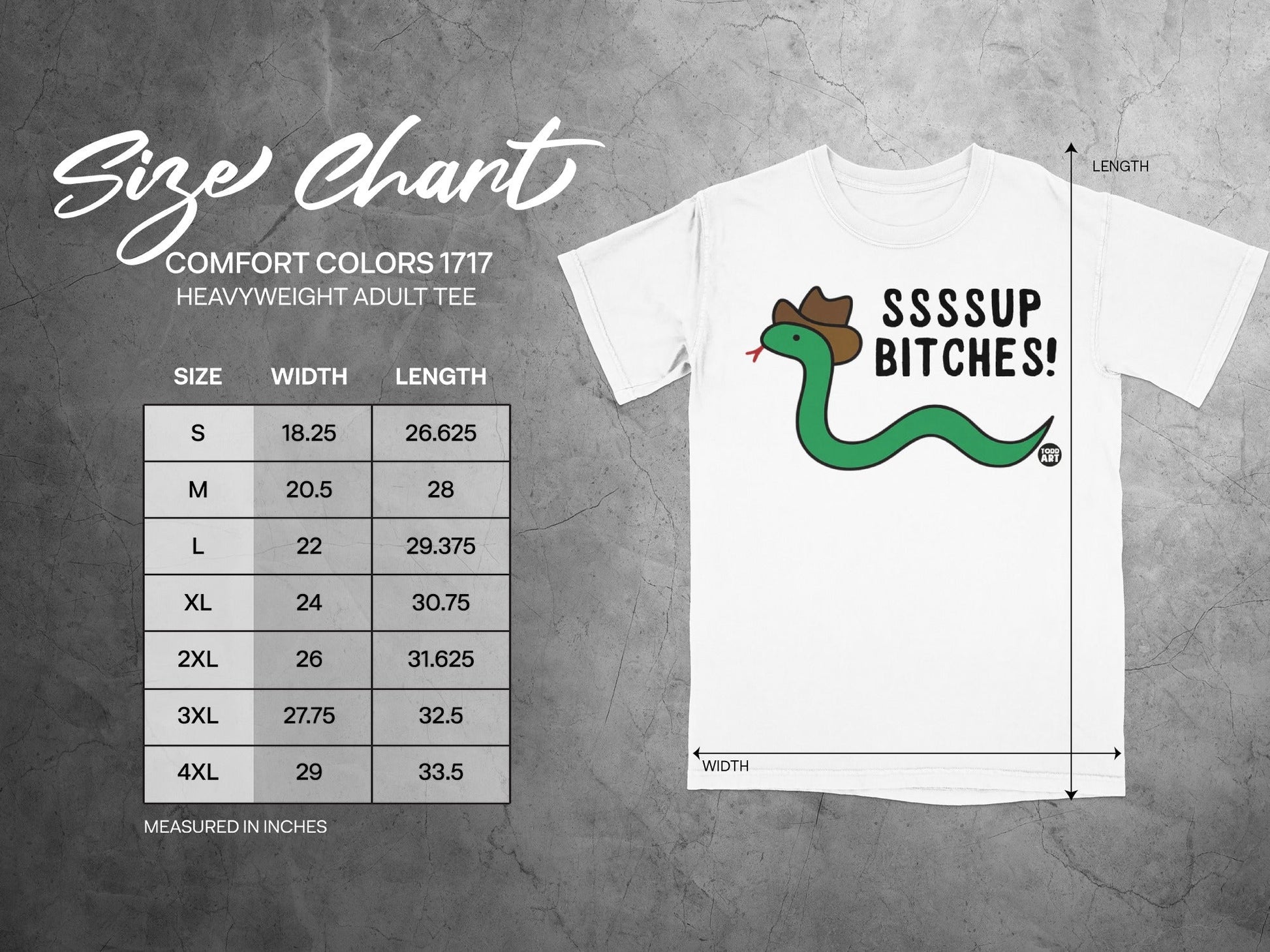 Comfort Colors 1717 heavyweight tee size chart with snake graphic.