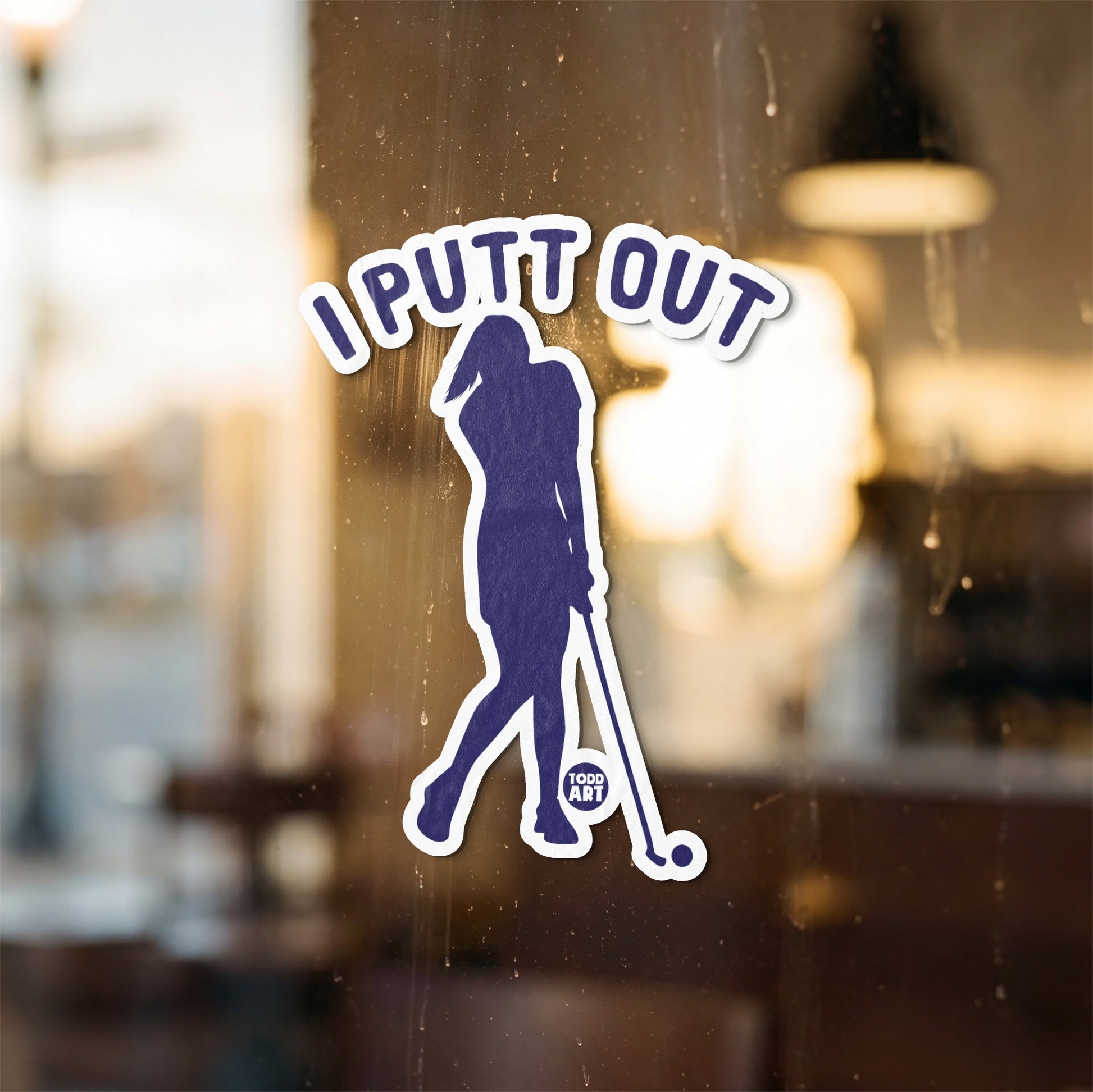 "I Putt Out" sticker featuring a dark blue silhouette of a female golfer and her club.