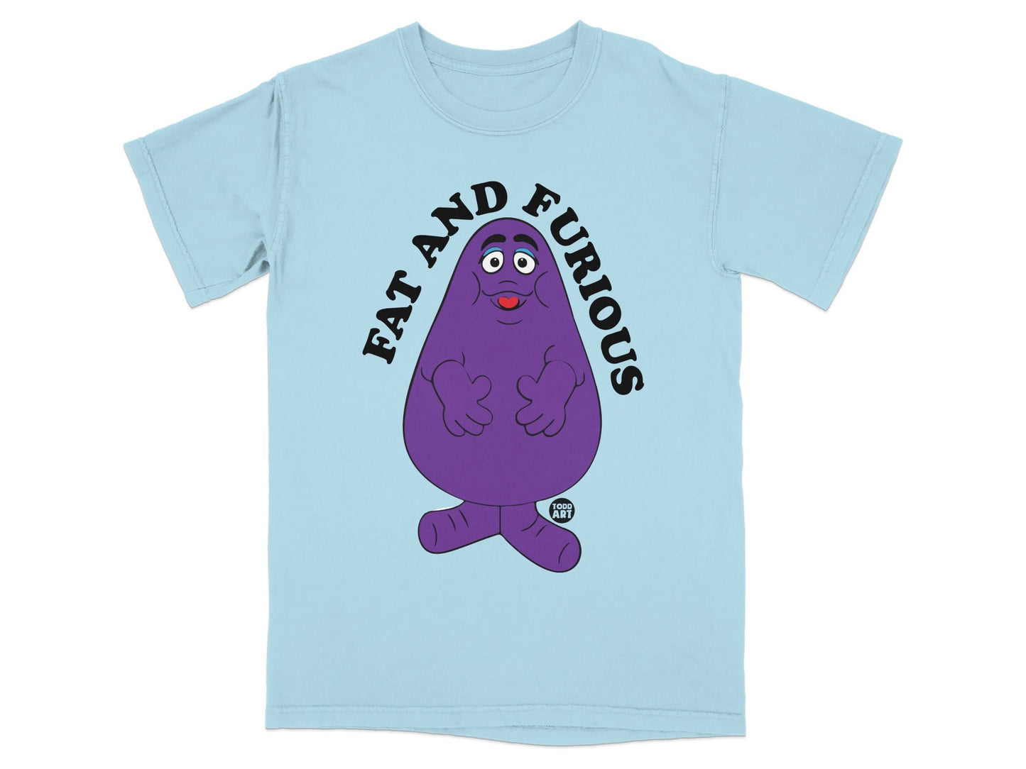 Light blue t-shirt with a cartoon purple character and "FAT AND FURIOUS" text.