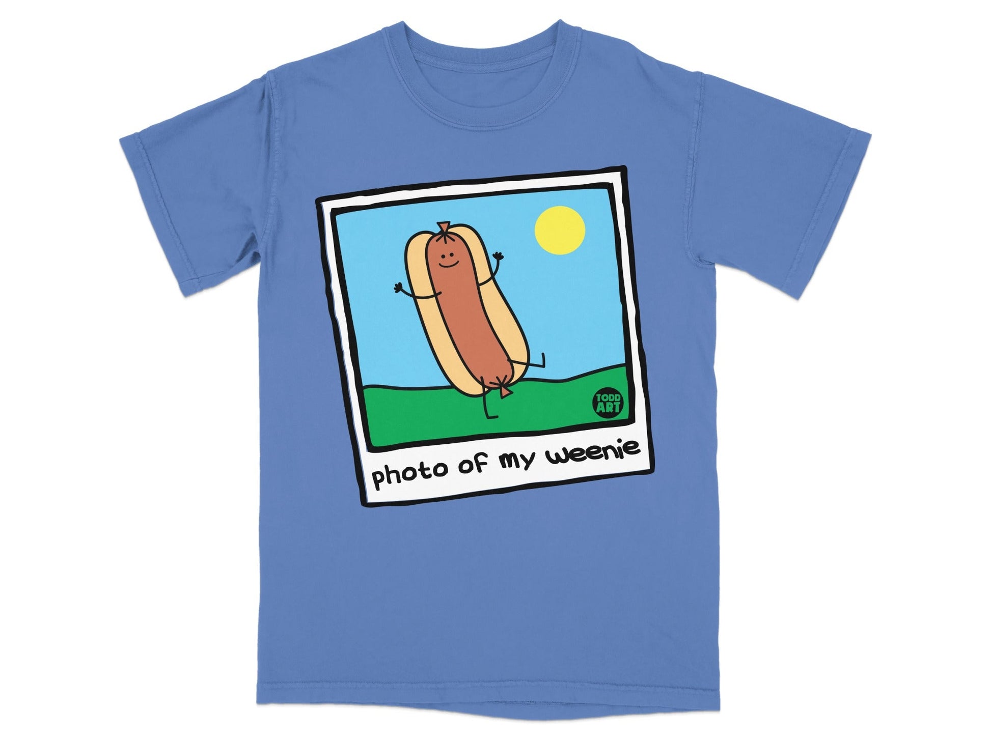 T-shirt featuring a cartoon hot dog with "photo of my weenie" text.