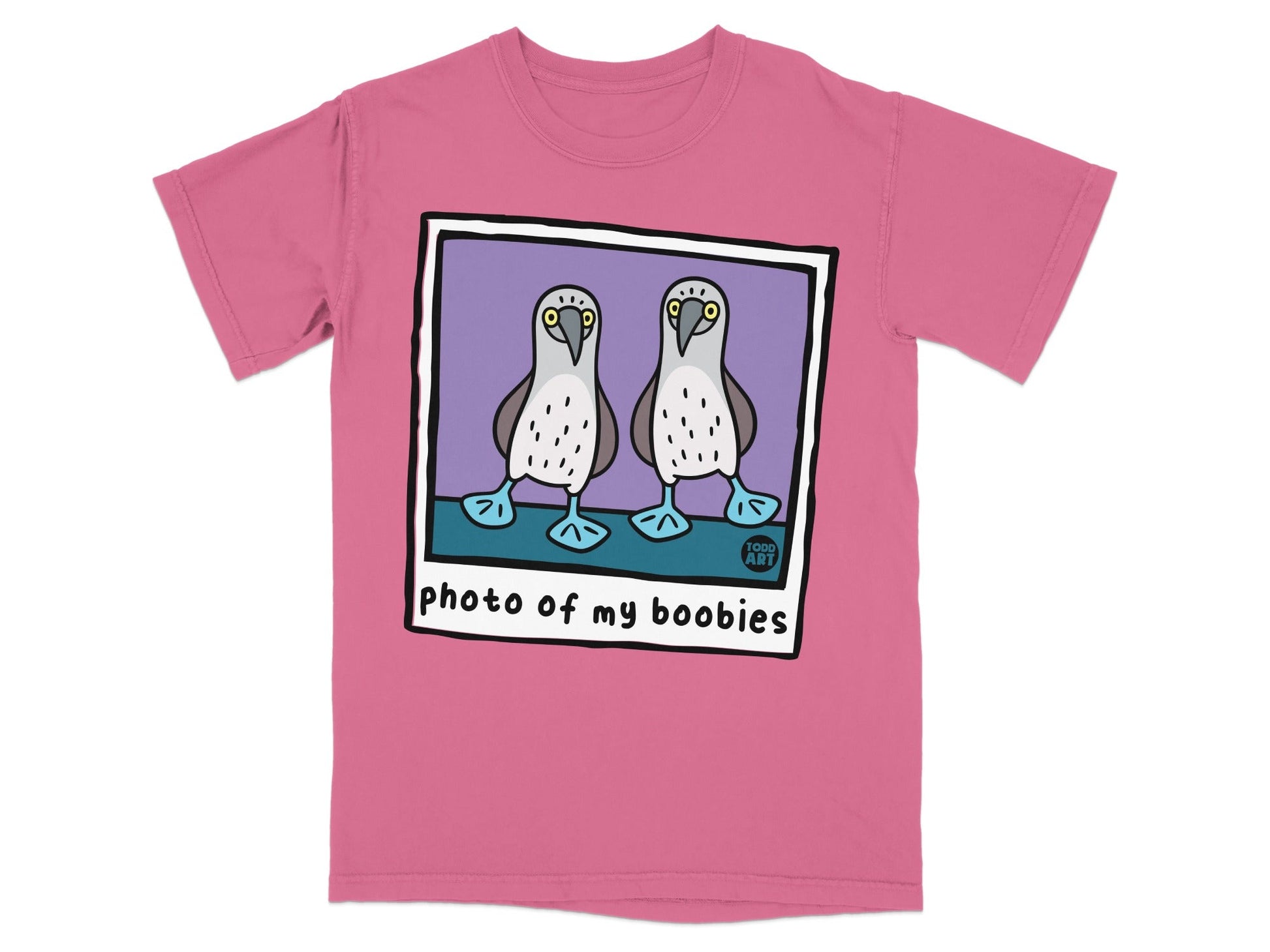 Pink t-shirt with cartoon boobies in a polaroid frame.