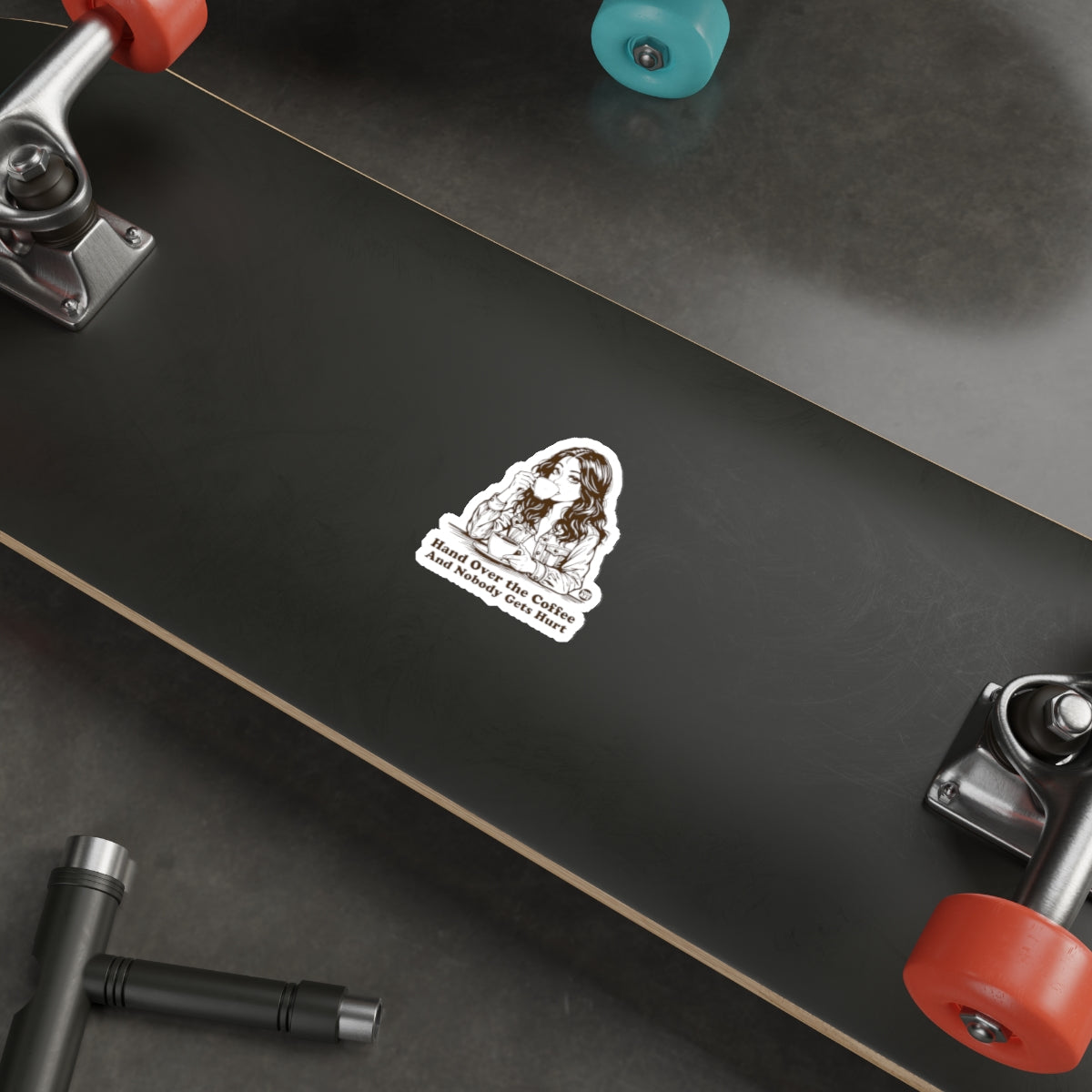 Skateboard featuring hand drawn girl design sticker
