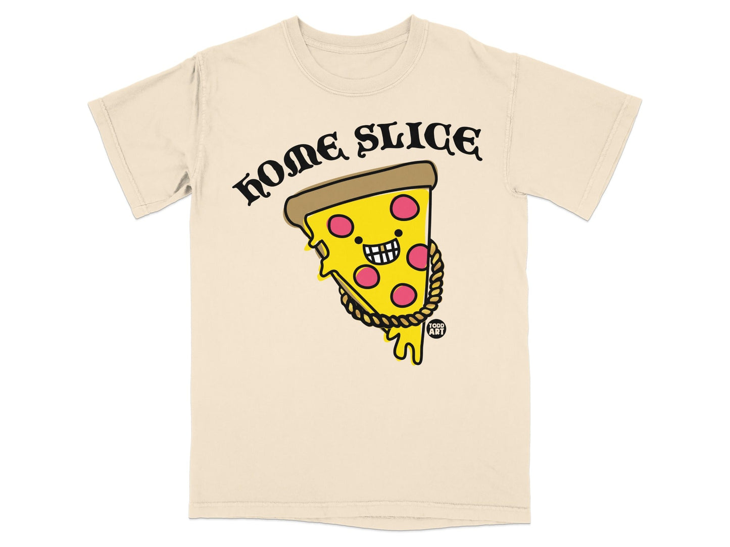 Cream t-shirt with cartoon pizza slice with gold chain and smiling face.