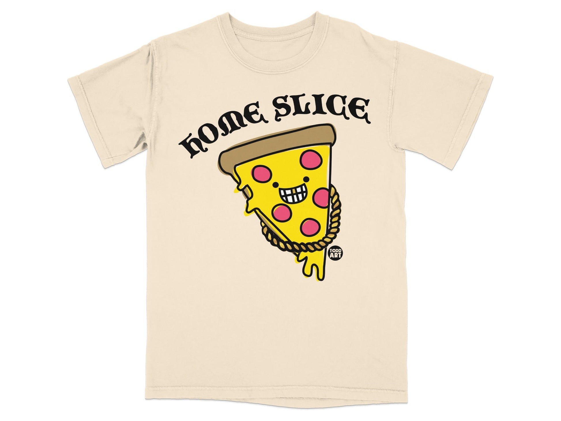 Cream t-shirt with cartoon pizza slice with gold chain and smiling face.