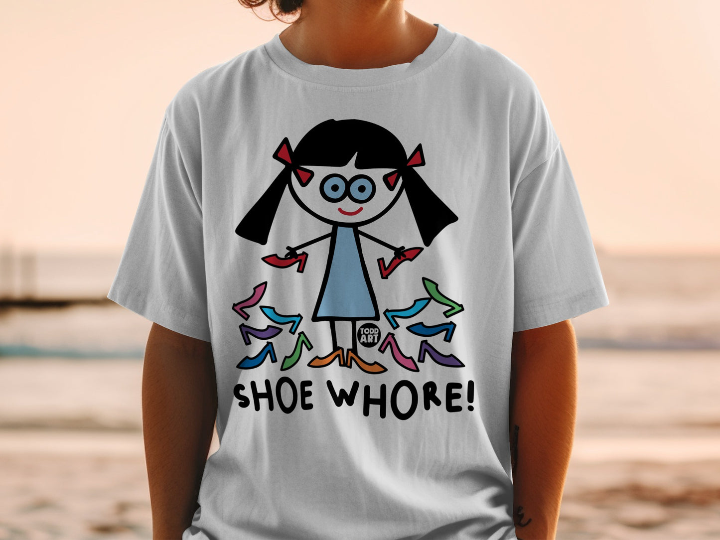 Shoe Whore Cartoon Graphic White T-Shirt