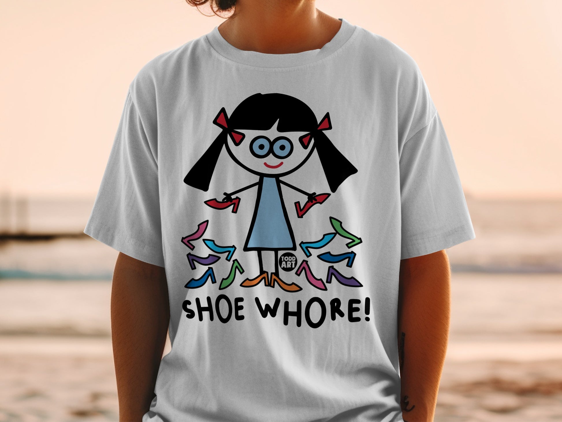 Shoe Whore Cartoon Graphic White T-Shirt