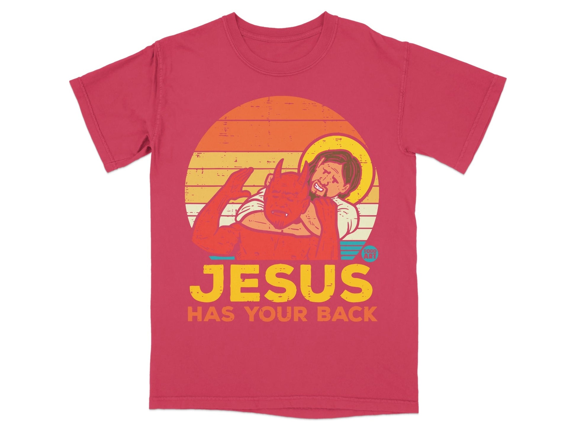 Red t-shirt with "Jesus Has Your Back" text, showing Jesus and a demon.