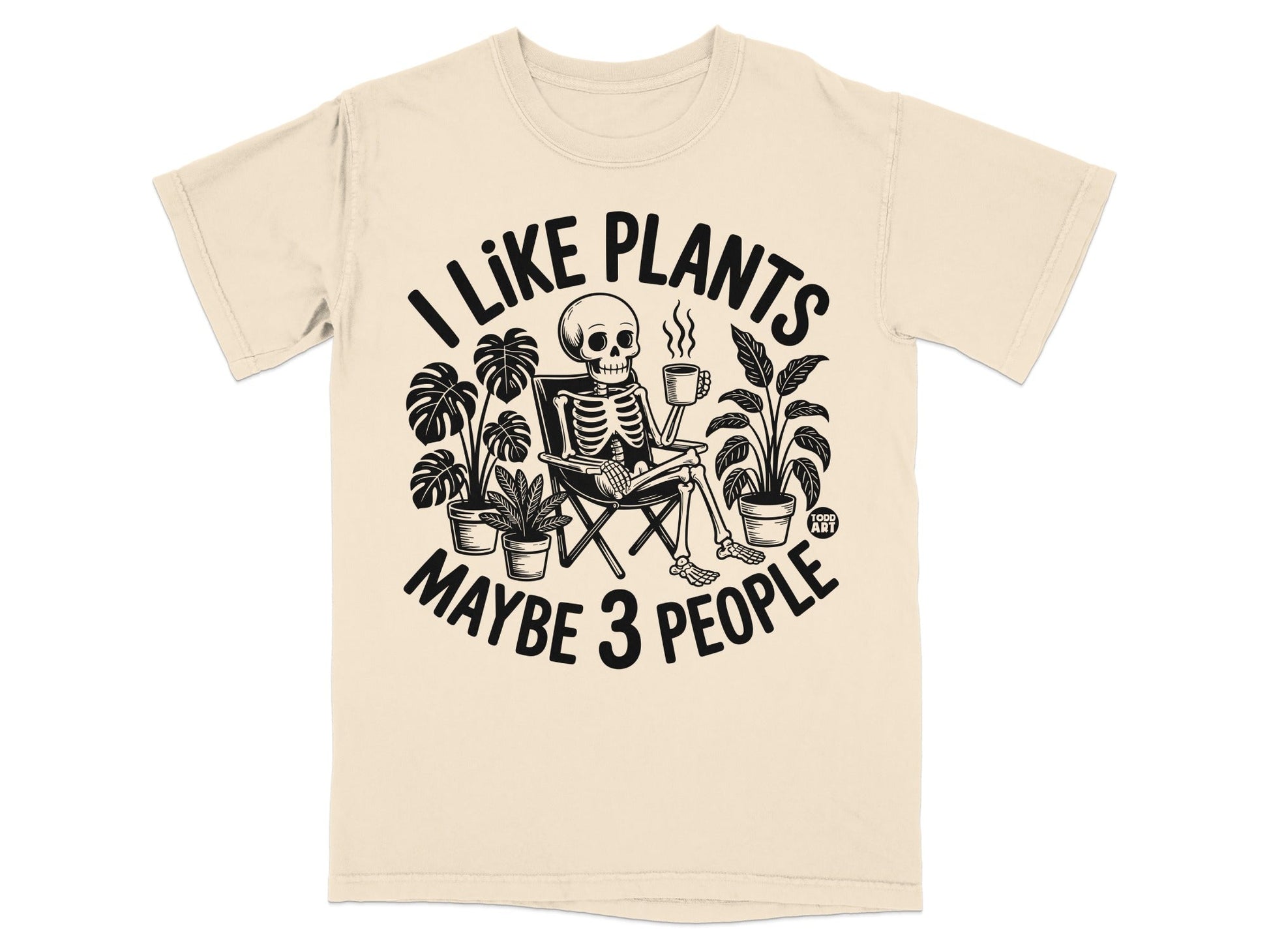 Skeleton sitting in a chair with plants, text reads "I like plants maybe 3 people".