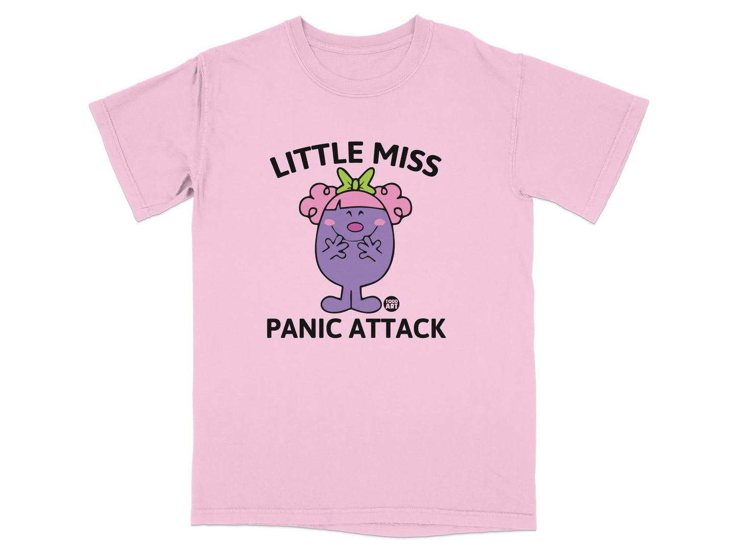 Pink t-shirt with "Little Miss Panic Attack" text and cartoon character.