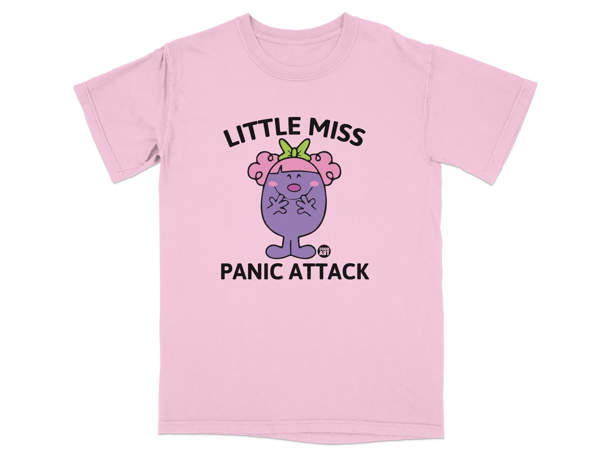 Pink t-shirt with "Little Miss Panic Attack" text and cartoon character.