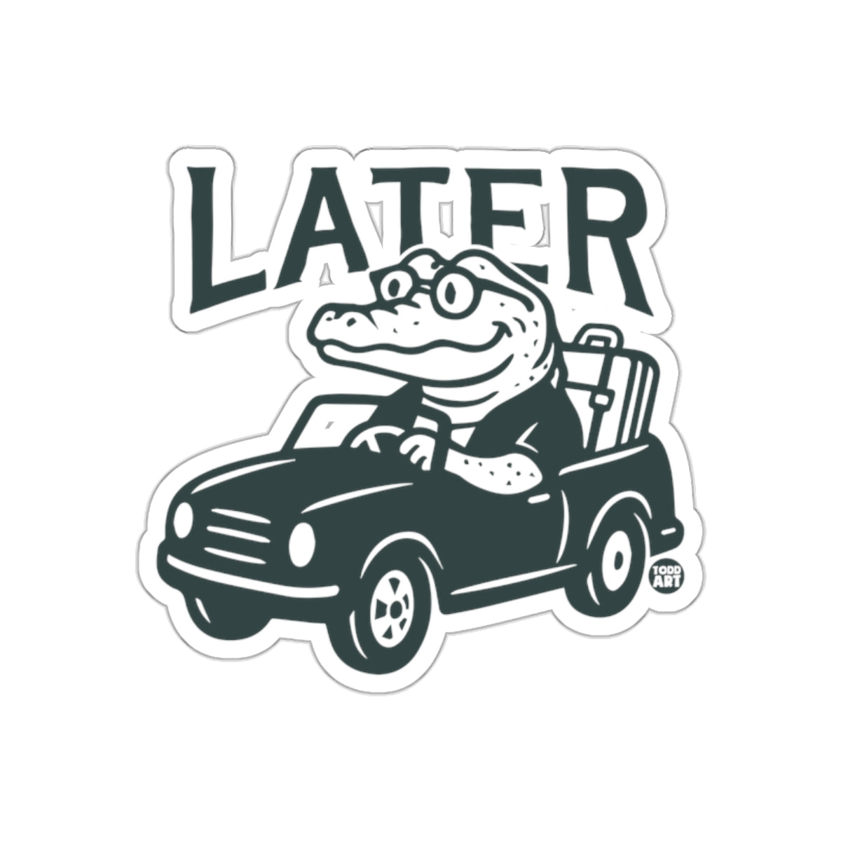 Alligator Driving Car with Suitcase Saying Later sticker