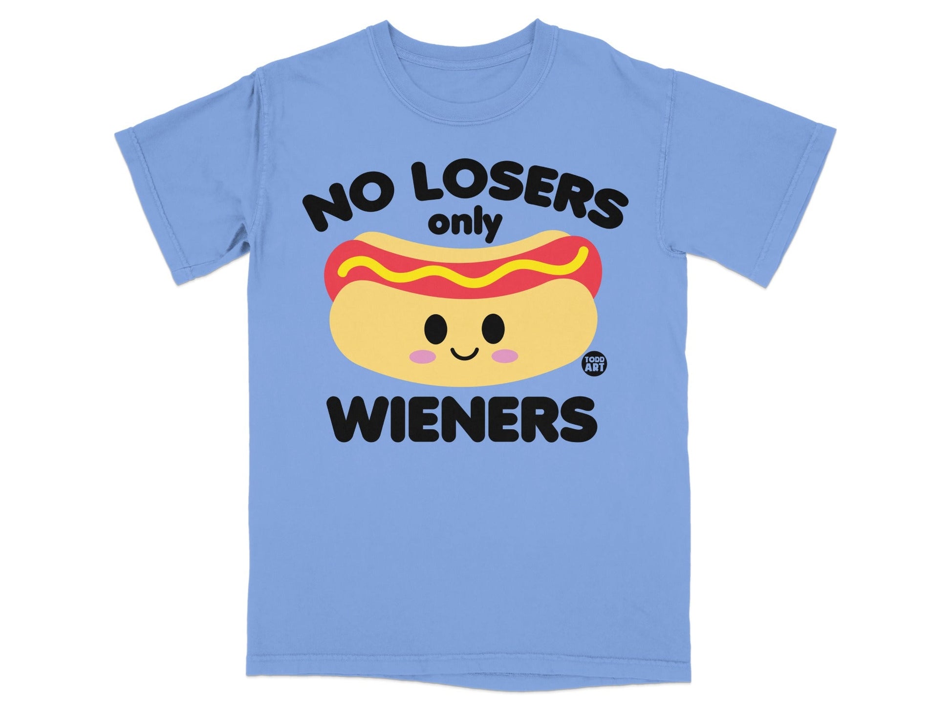 T-shirt with hot dog graphic and text "NO LOSERS only WIENERS".
