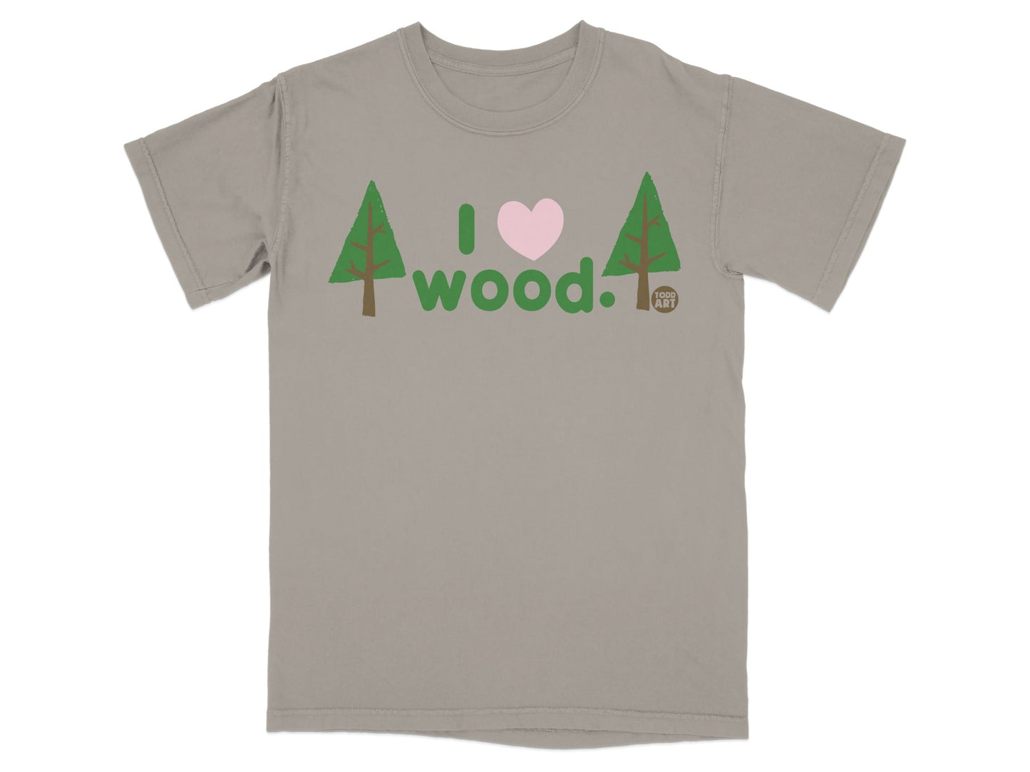 Gray t-shirt with "I ‚ù§Ô∏è wood." and a small logo.